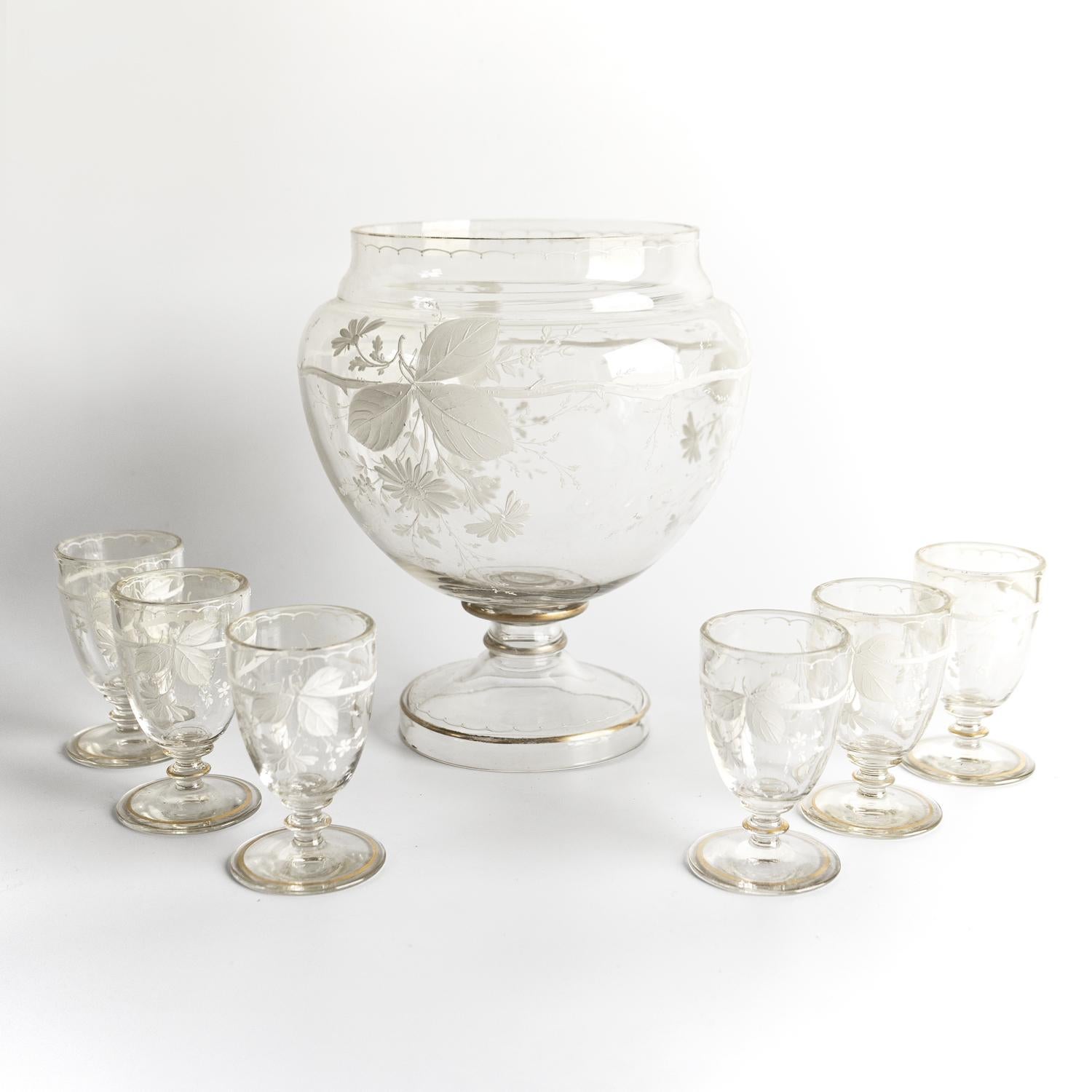 Dorato Antique French, ciotola e bicchieri in vetro smaltato, XIX secolo