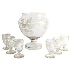 Antique French Enamelled Glass Punch Bowl And Glasses Set, 19th Century