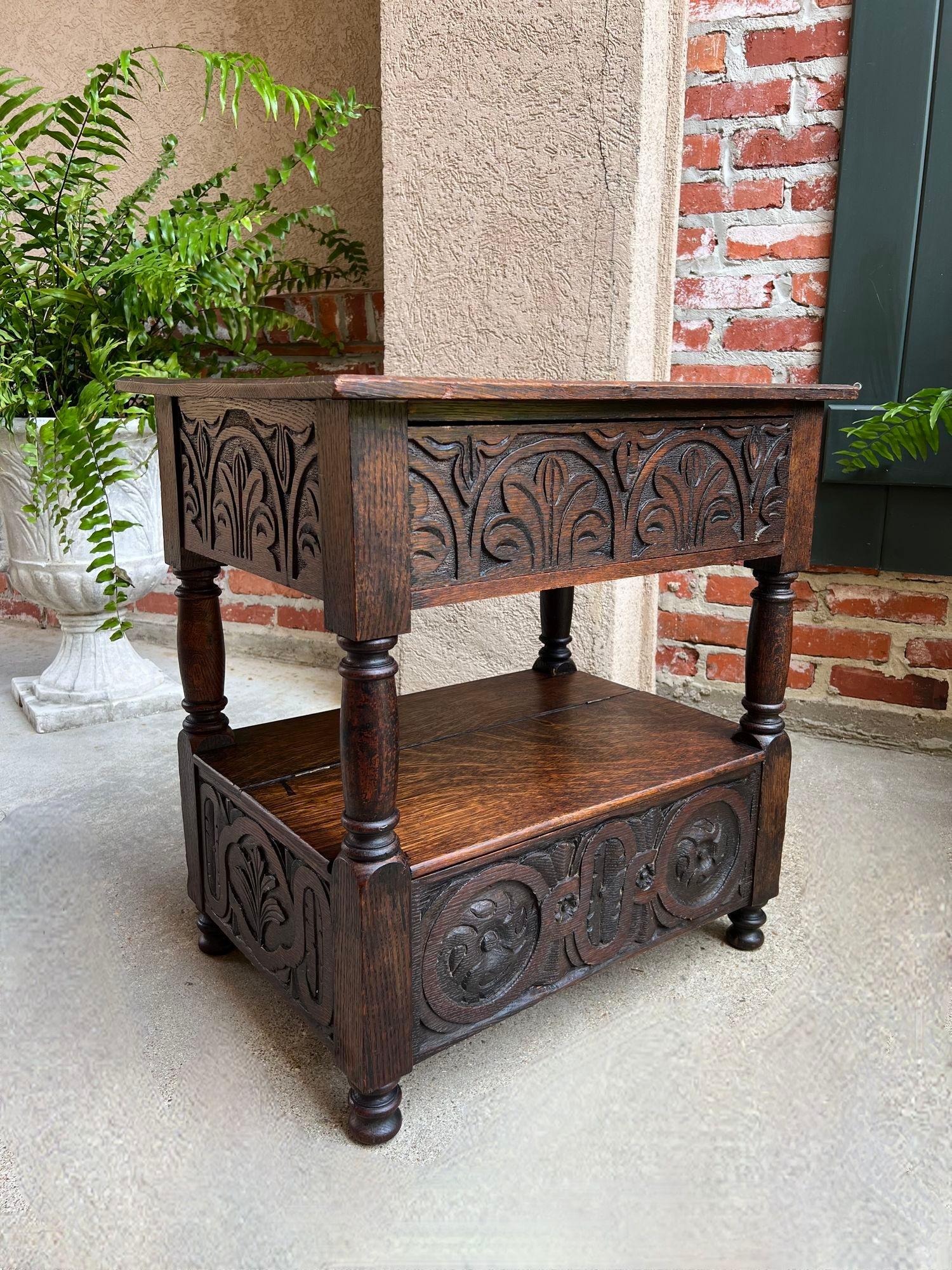 French Provincial Antique French End Table Bible Box Carved Oak Two Tier Bench c1790