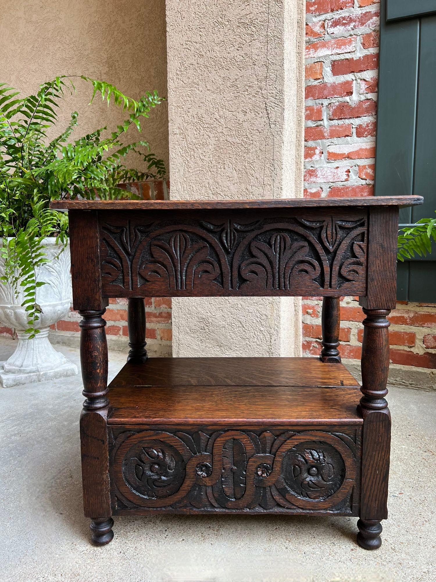 Hand-Carved Antique French End Table Bible Box Carved Oak Two Tier Bench c1790
