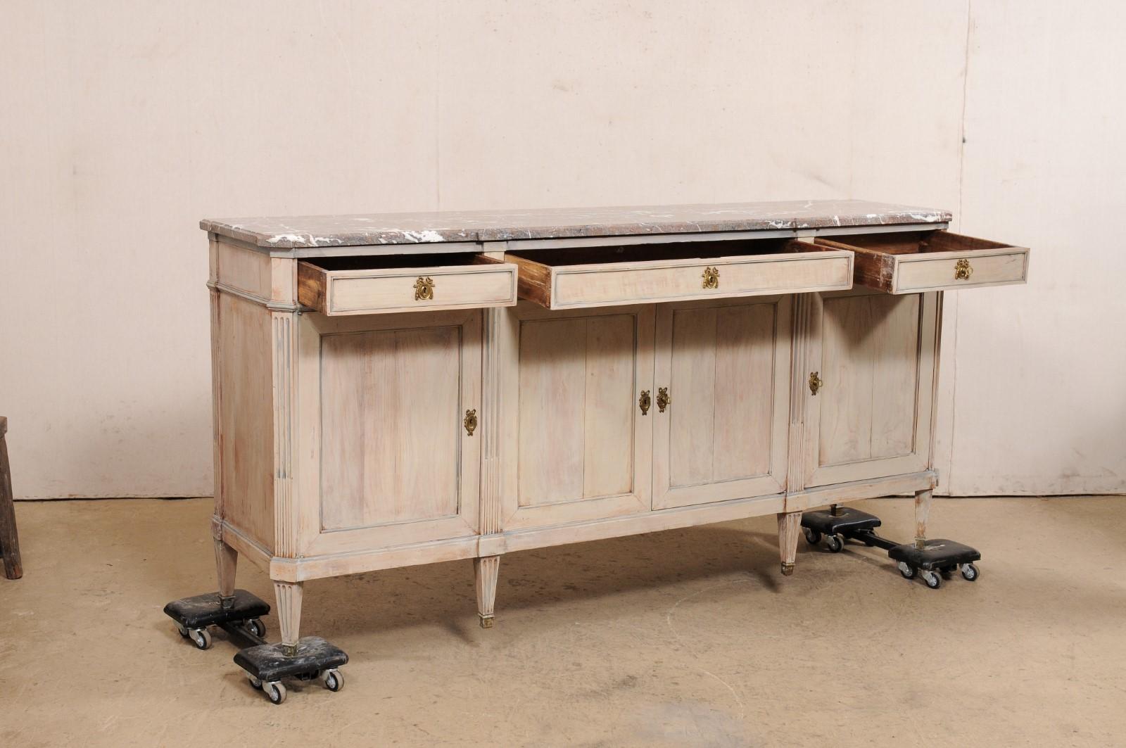 Antique French Enfilade Buffet with its Original Marble Top, 7 Ft. Long In Good Condition For Sale In Atlanta, GA