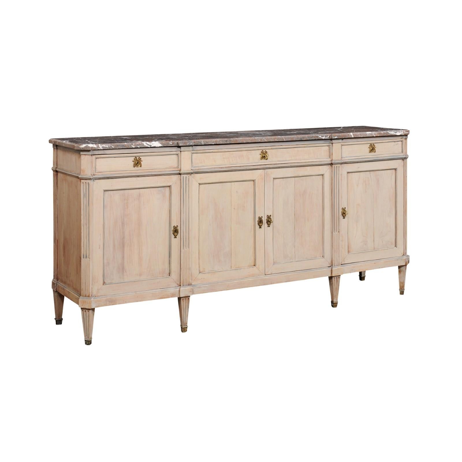 Antique French Enfilade Buffet with its Original Marble Top, 7 Ft. Long For Sale