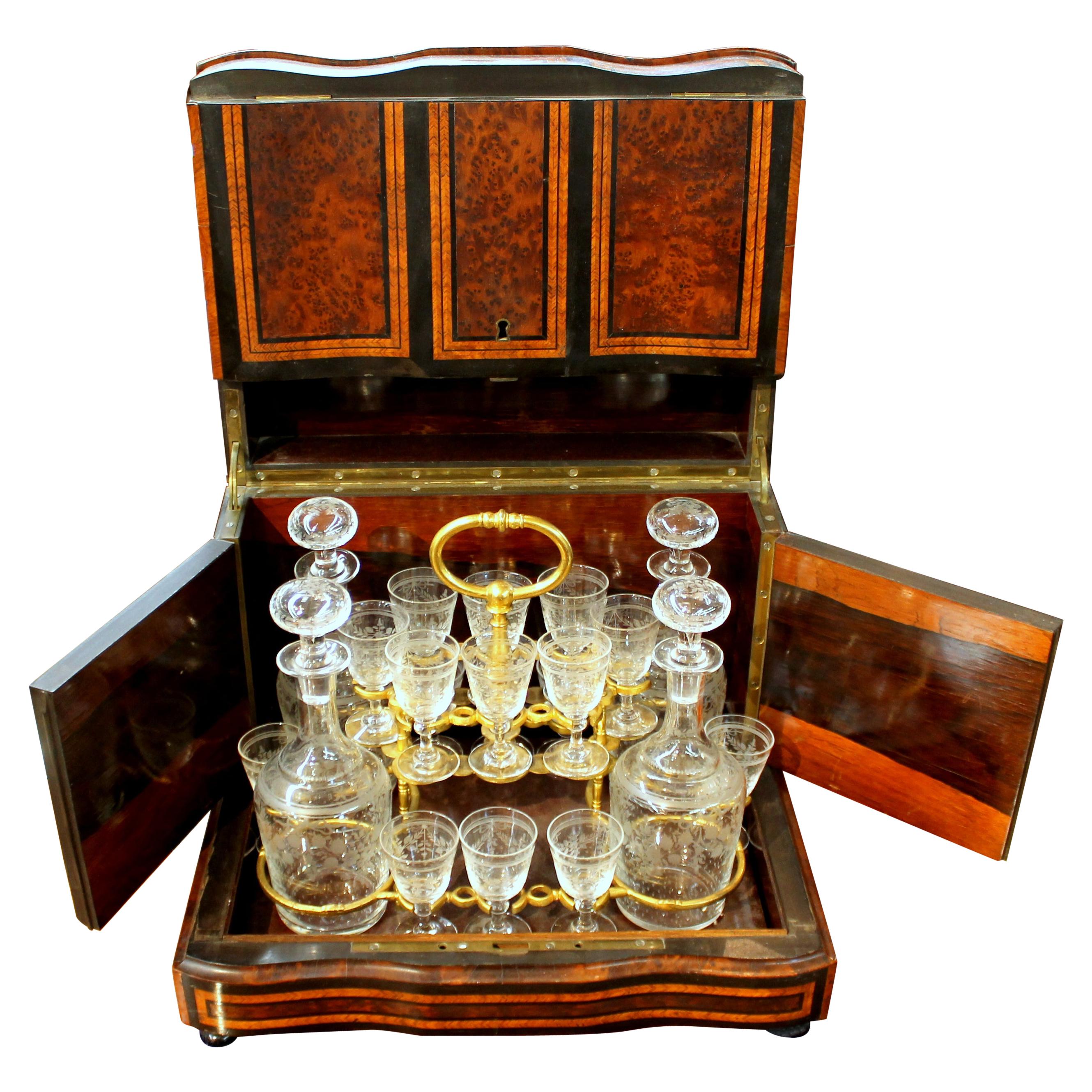 Antique French Engraved Crystal Cave a' Liqueur Tantalus Set in Amboyna Case