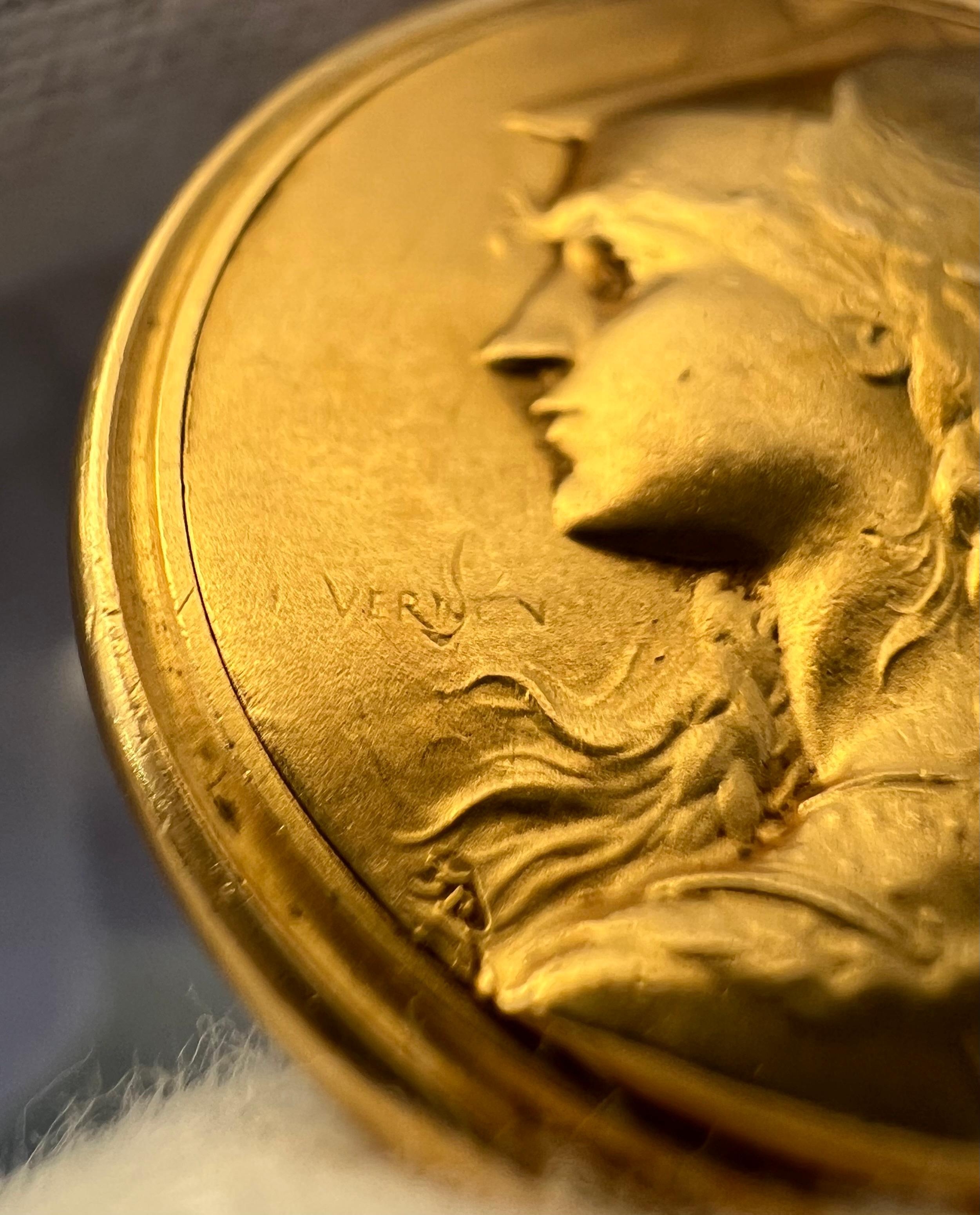 Art Nouveau Antique French Engraved 'Gallia' 18k Gold Pendant For Sale