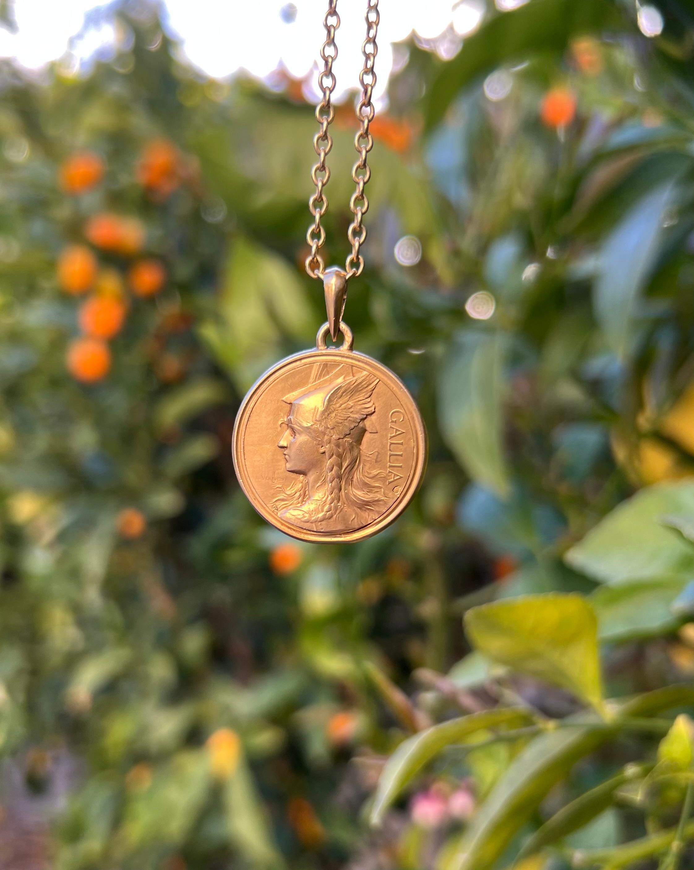 Women's or Men's Antique French Engraved 'Gallia' 18k Gold Pendant For Sale