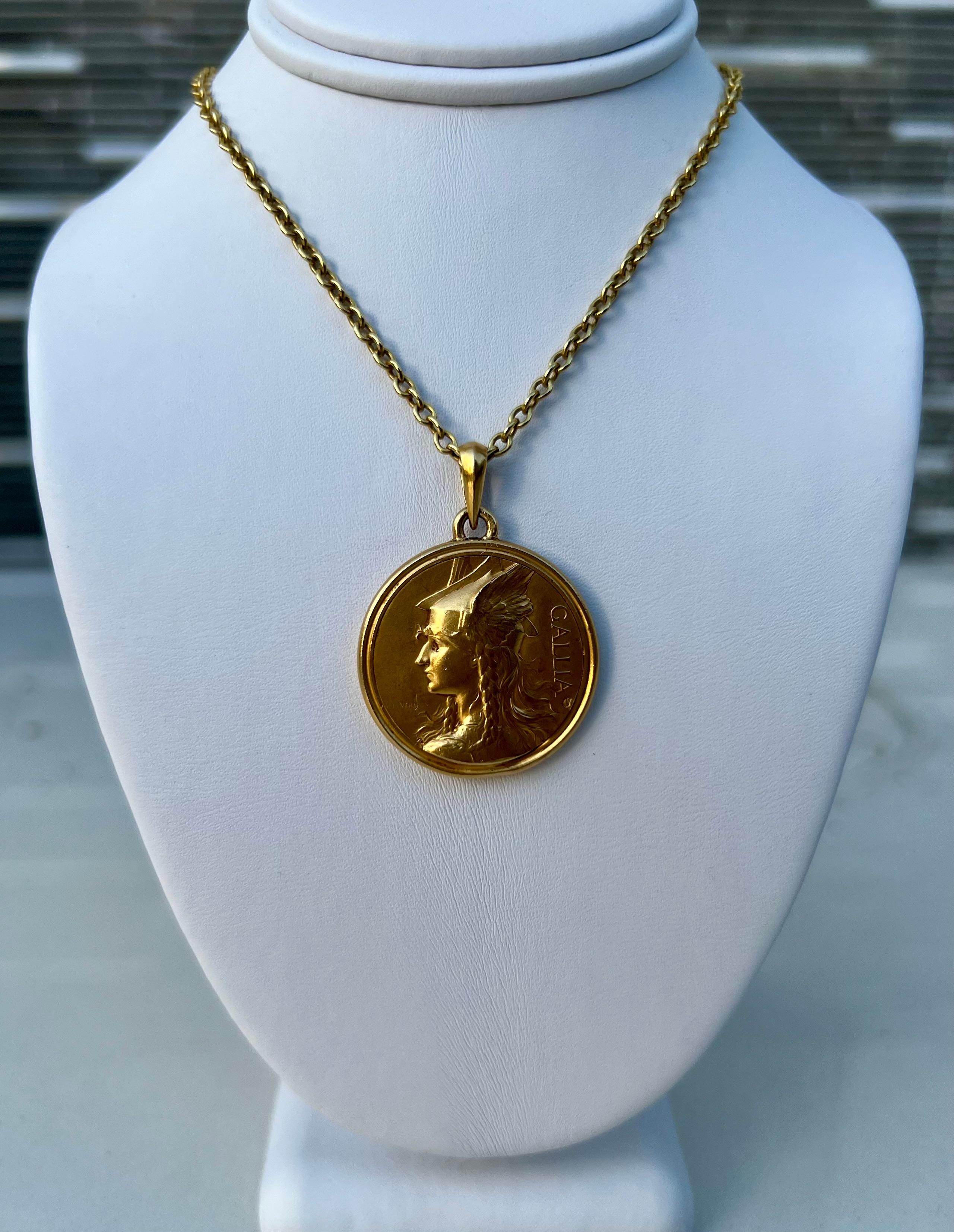 Antique French Engraved 'Gallia' 18k Gold Pendant For Sale 1