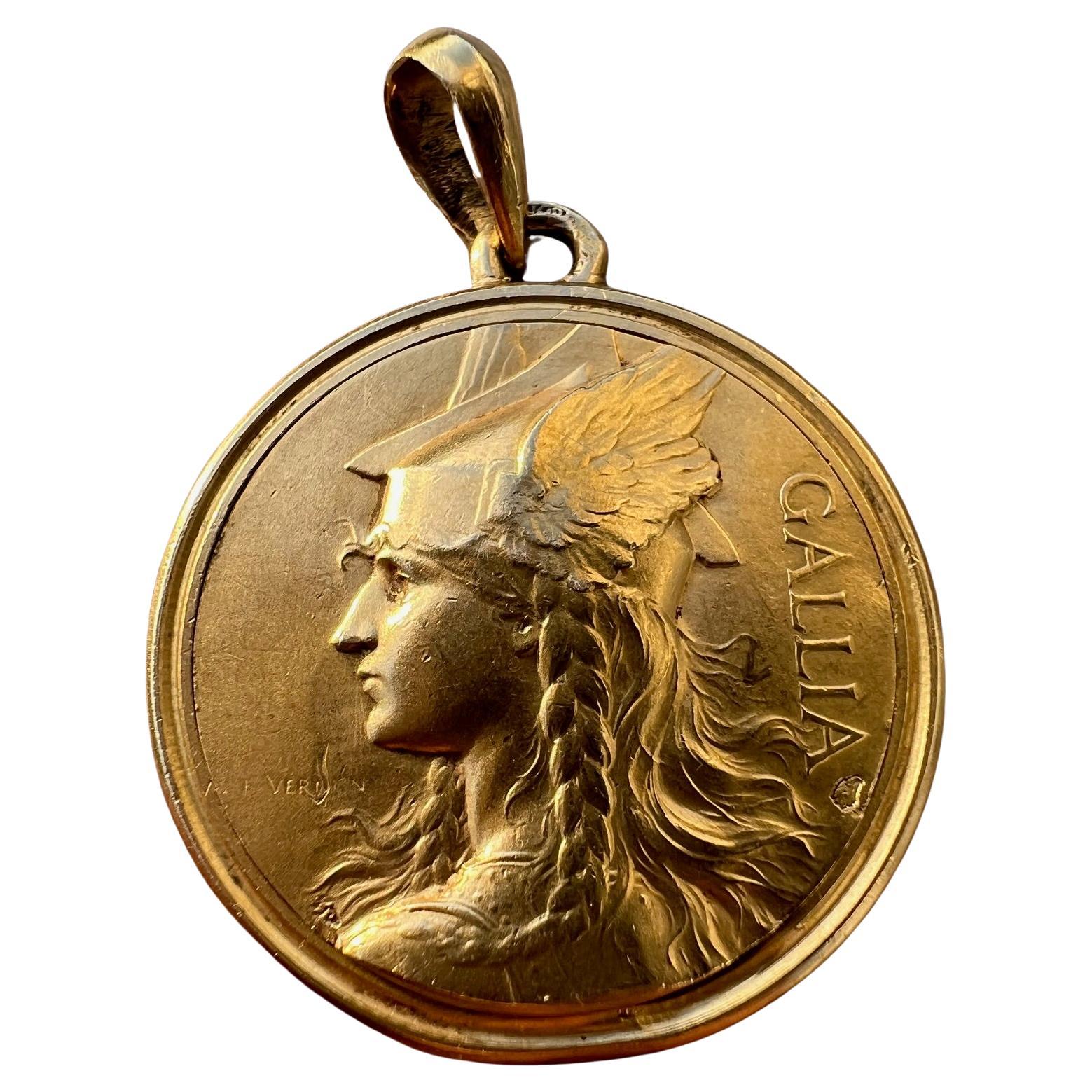 Antique French Engraved 'Gallia' 18k Gold Pendant