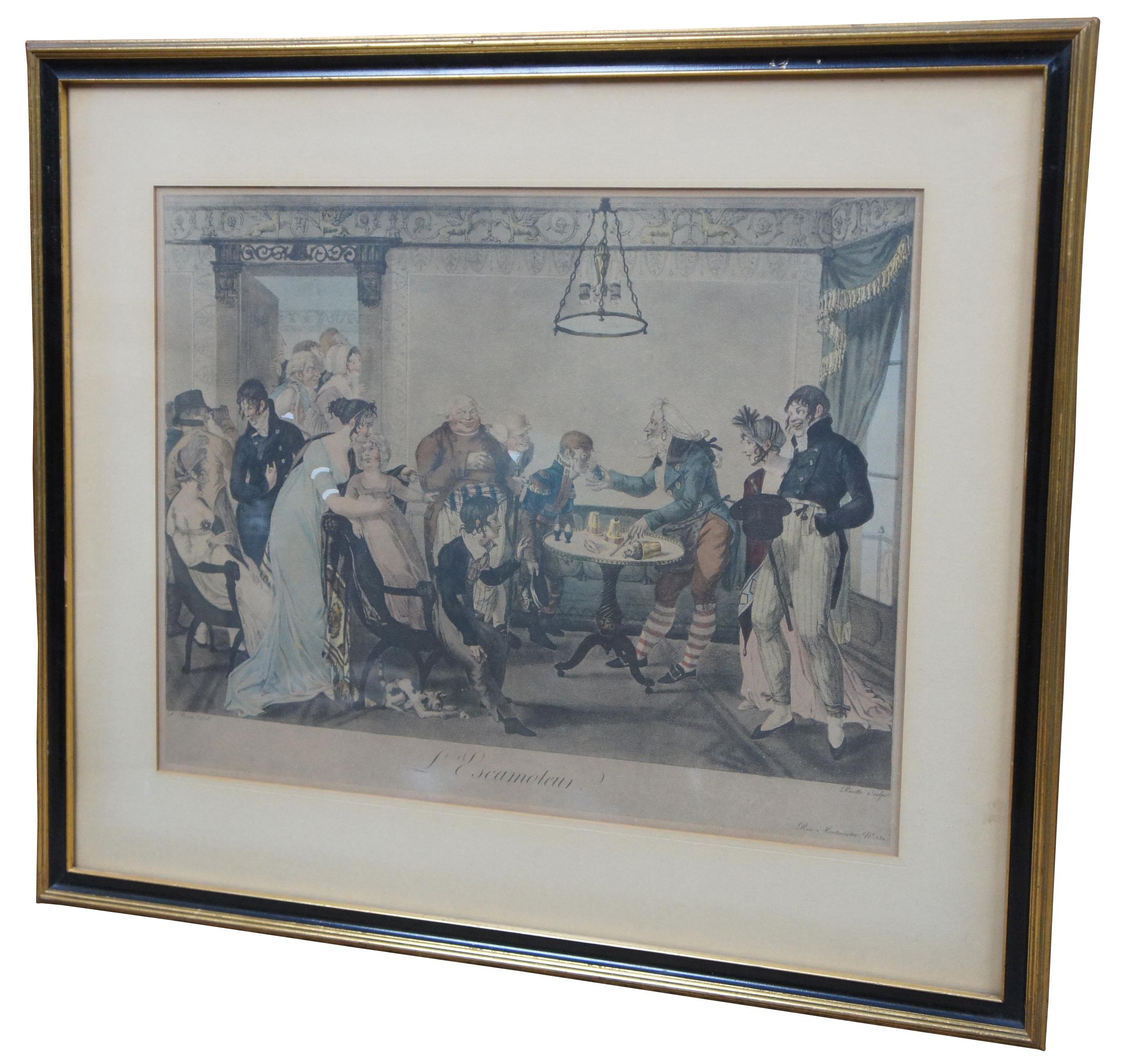 Early 19th century colored French engraving titled L’Escamoteur (The Conjurer) created in 1801 by Louis Charles Ruotte (1754-1806) after a work Jean-Francis Bosio, showing a party of people in a parlor surrounding a table where a conjurer is