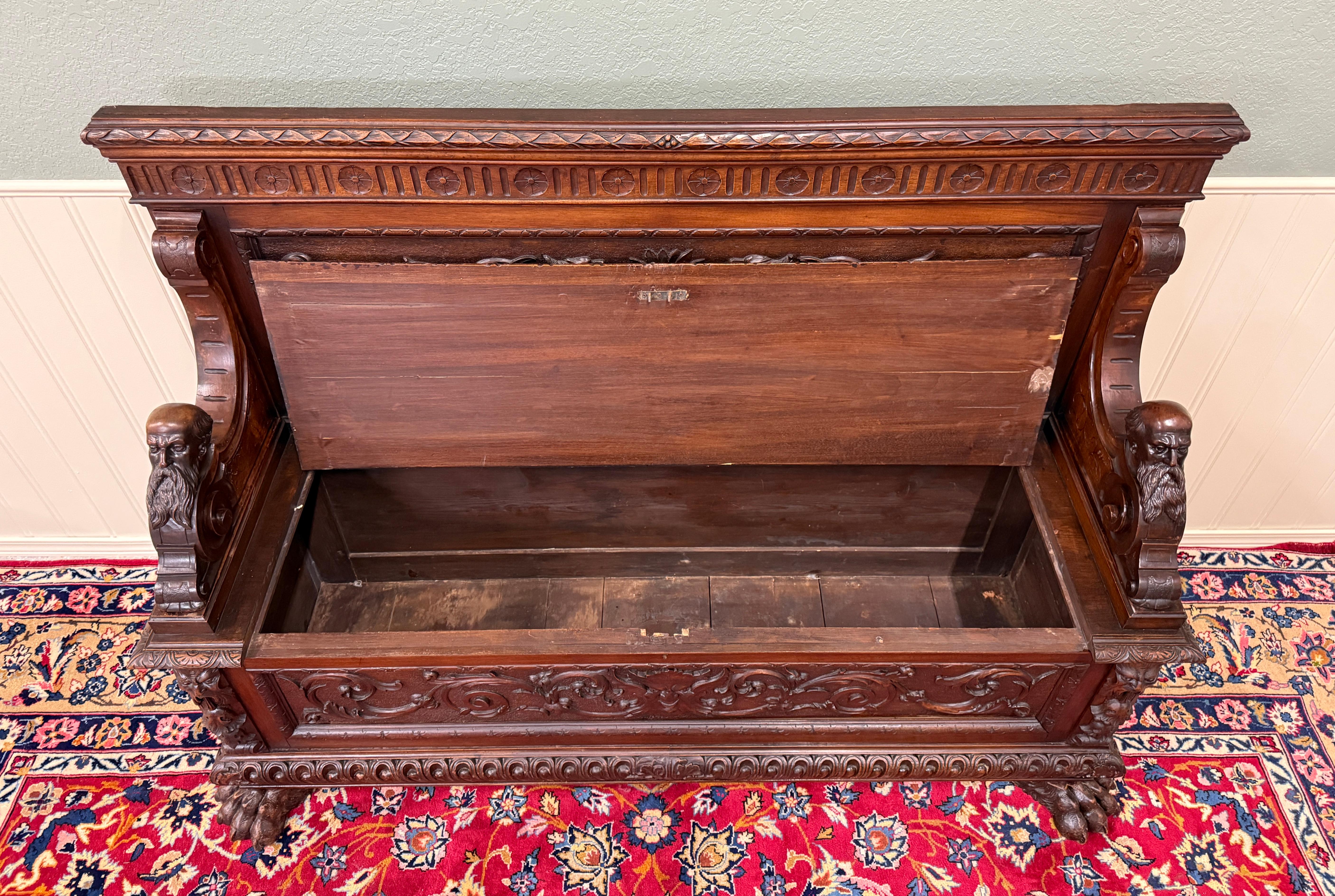 Antike französische Eingangsbank Settee-Truhe aus dunklem Nussbaumholz im Renaissance-Revival-Stil, um 1890 im Angebot 11