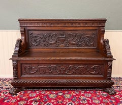 Antique French Entry Bench Settee Trunk Renaissance Revival Nogal oscuro c1890s