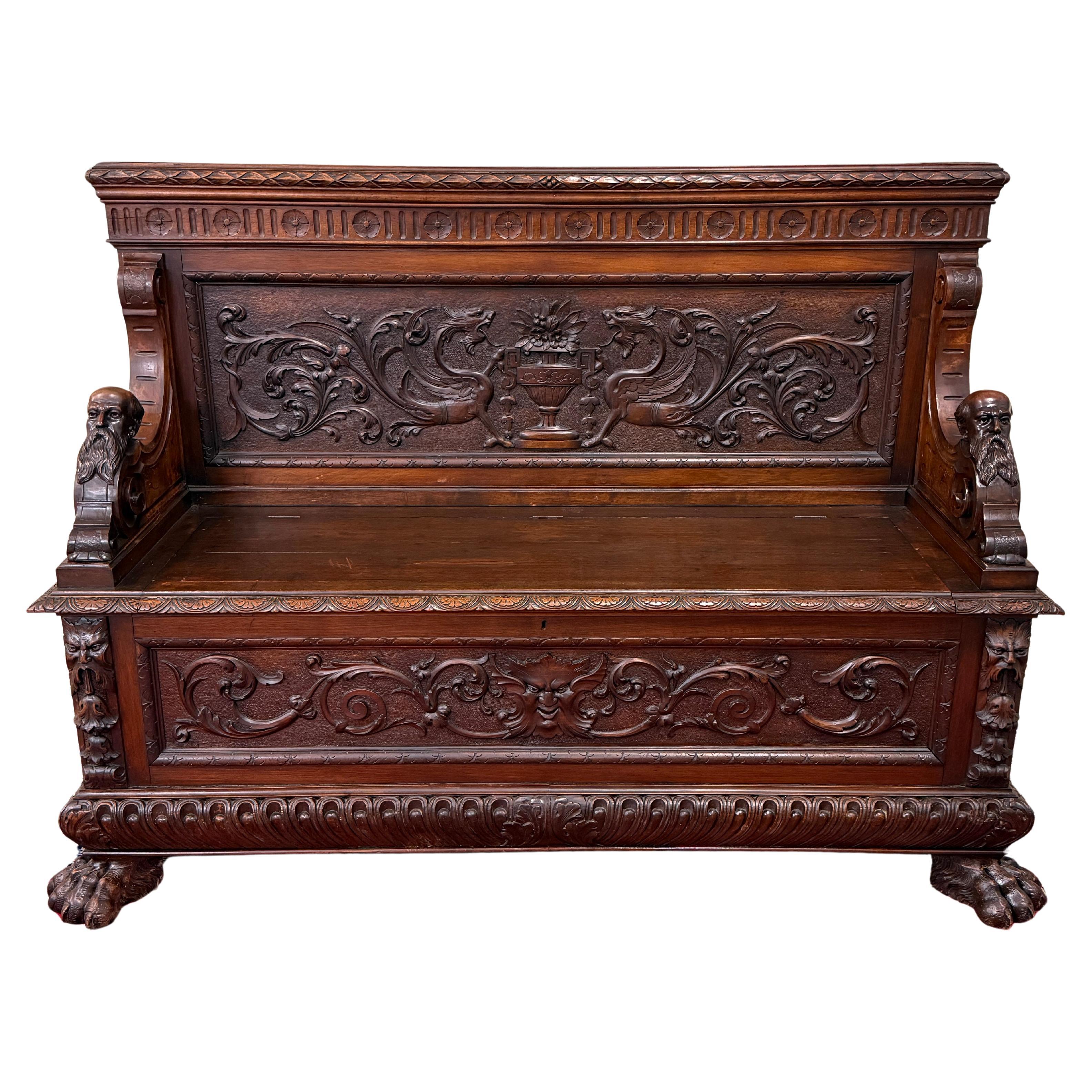 Antique French Entry Bench Settee Trunk Renaissance Revival Dark Walnut c1890s