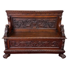 Antique French Bench Settee Trunk Renaissance Revival Noce scuro c1890s