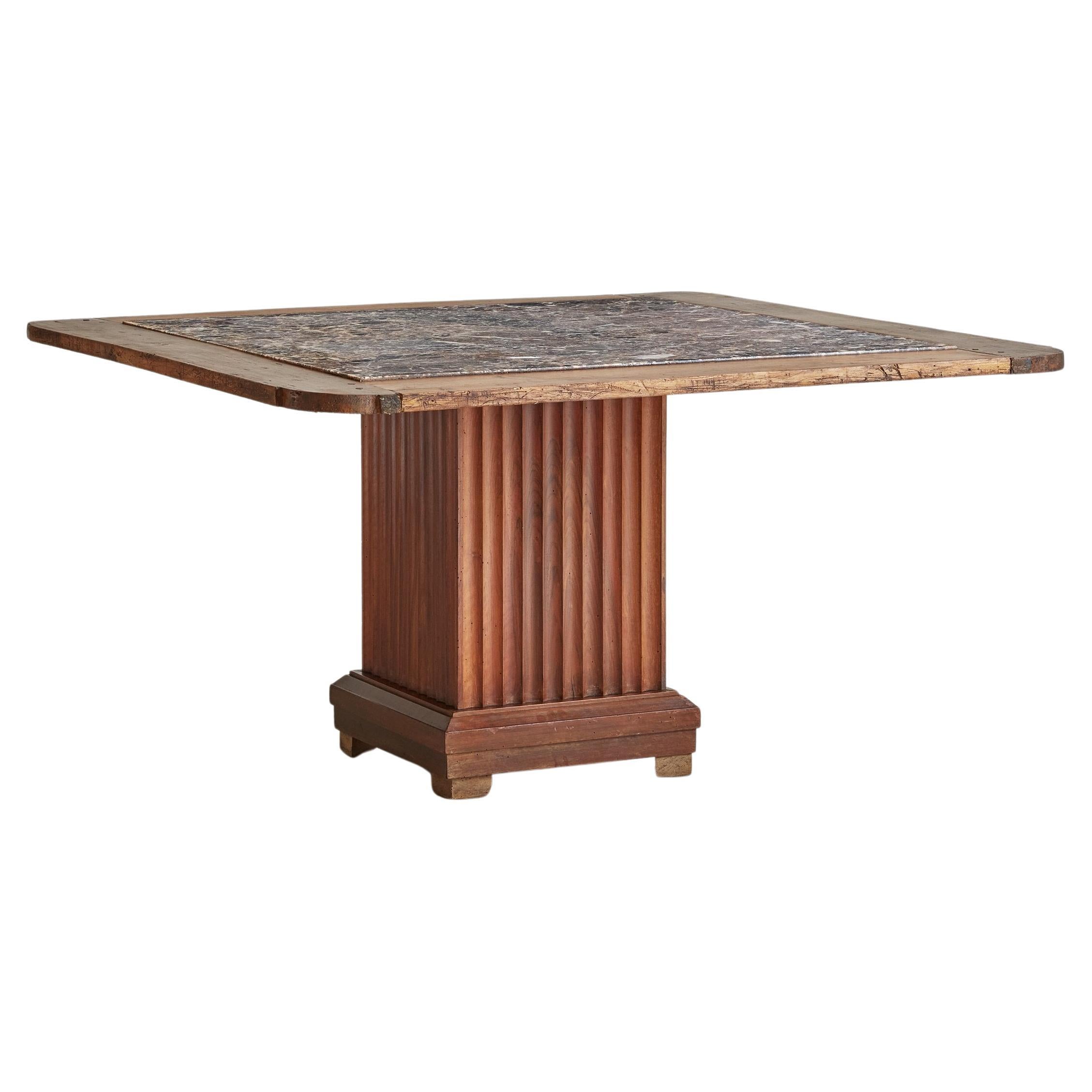French 1940's Fluted Cerused Oak Entryway or Display Table with Marble Inlay For Sale