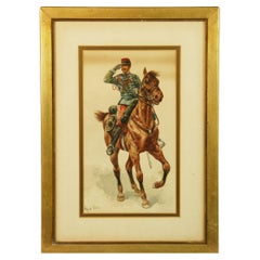 Antique French Equestrian Gouache Painting Calvary Soldier 1910
