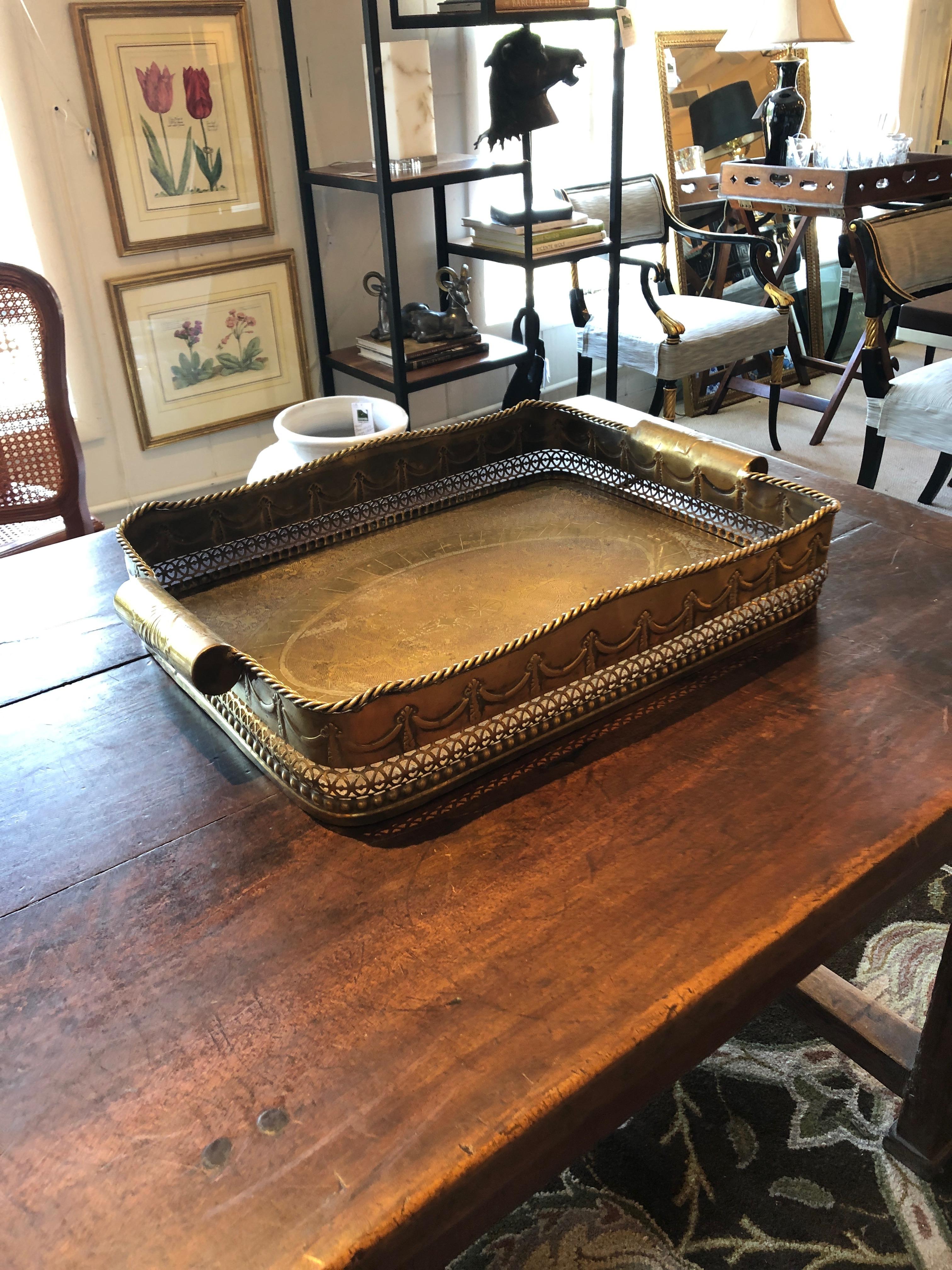 Antique French Etched Brass Serving Tray with Deep Gallery 3