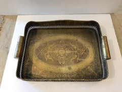 Antique French Etched Brass Serving Tray with Deep Gallery