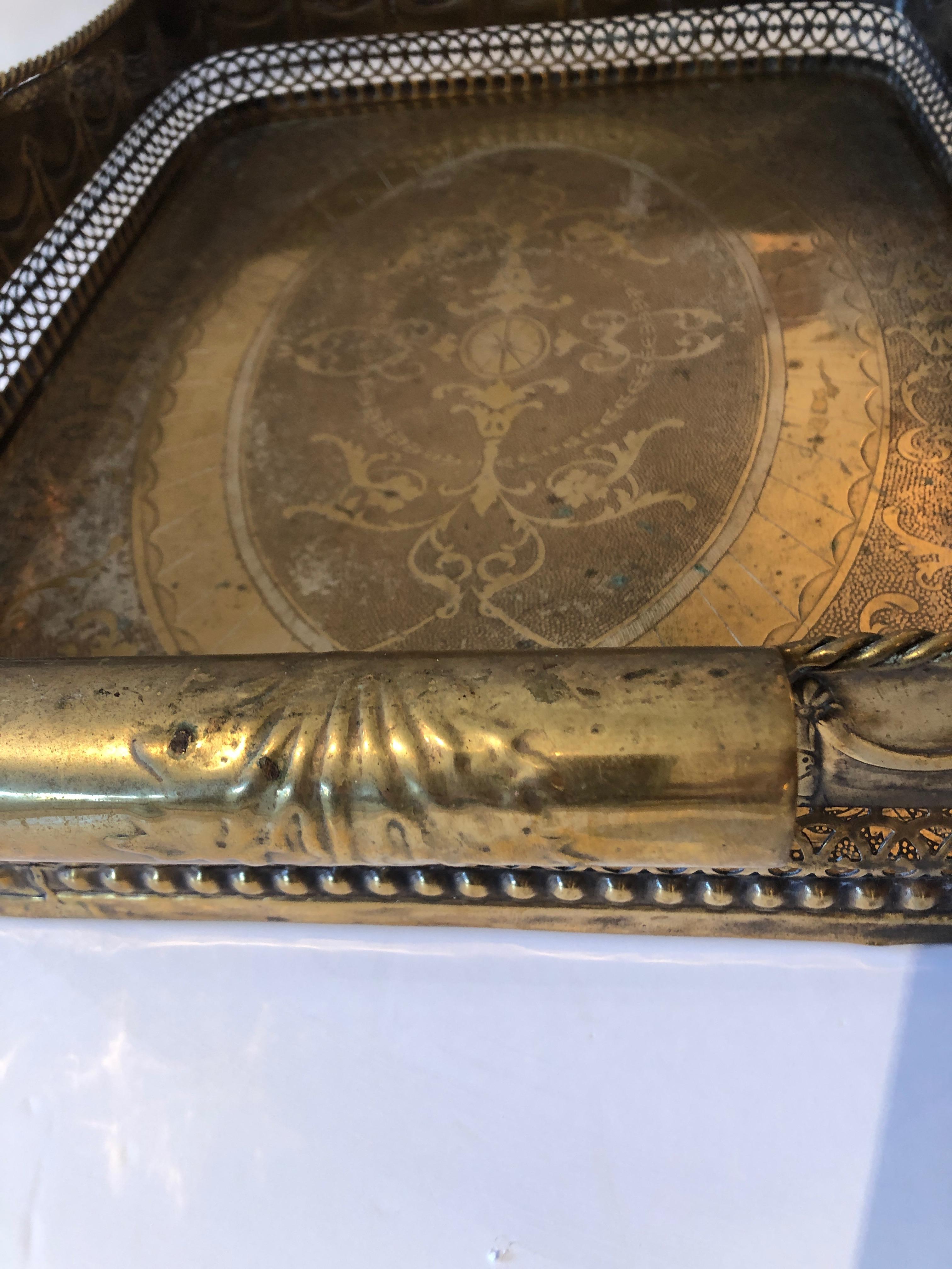 Mid-20th Century Antique French Etched Brass Serving Tray with Deep Gallery