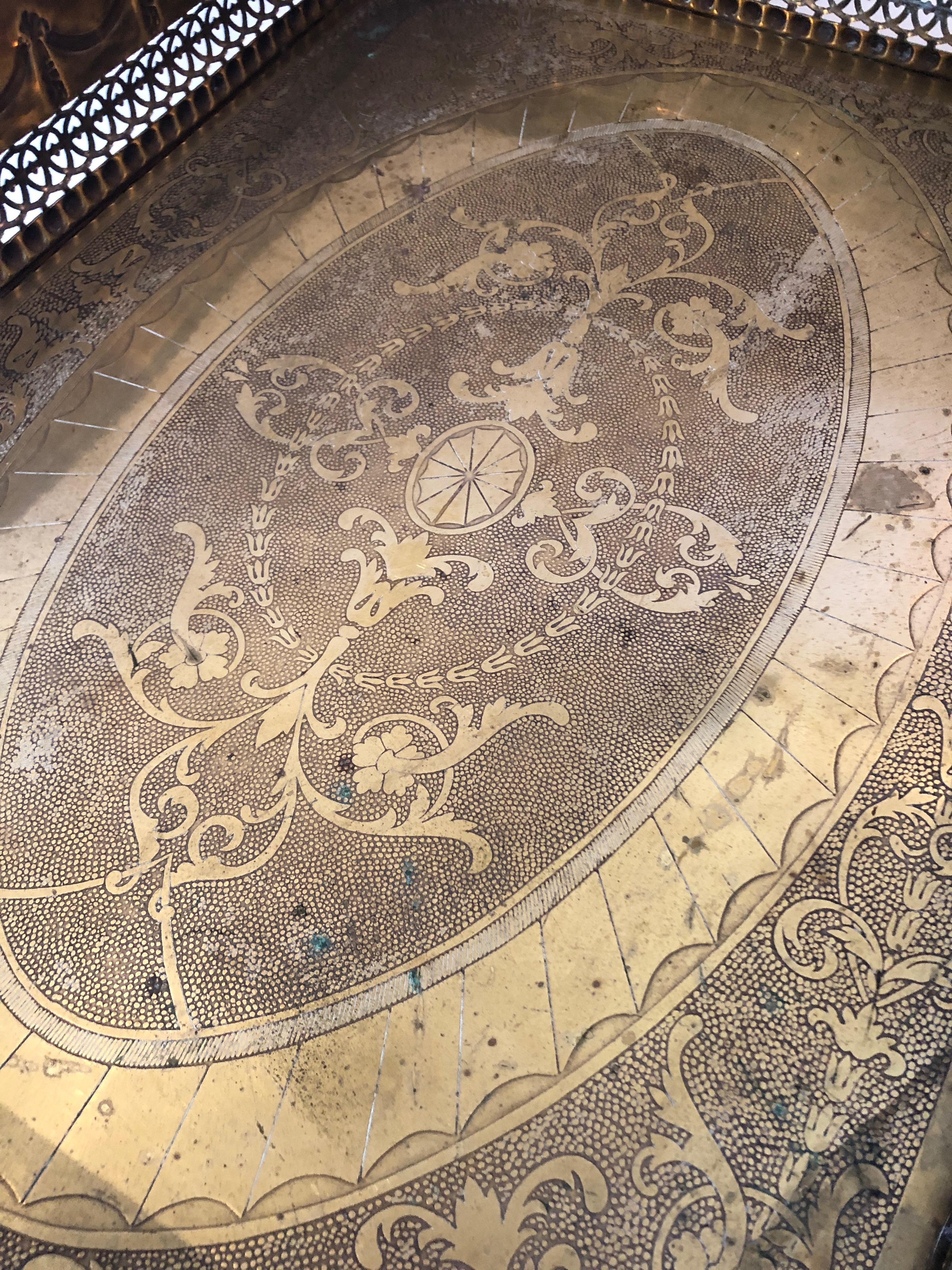 Antique French Etched Brass Serving Tray with Deep Gallery 1