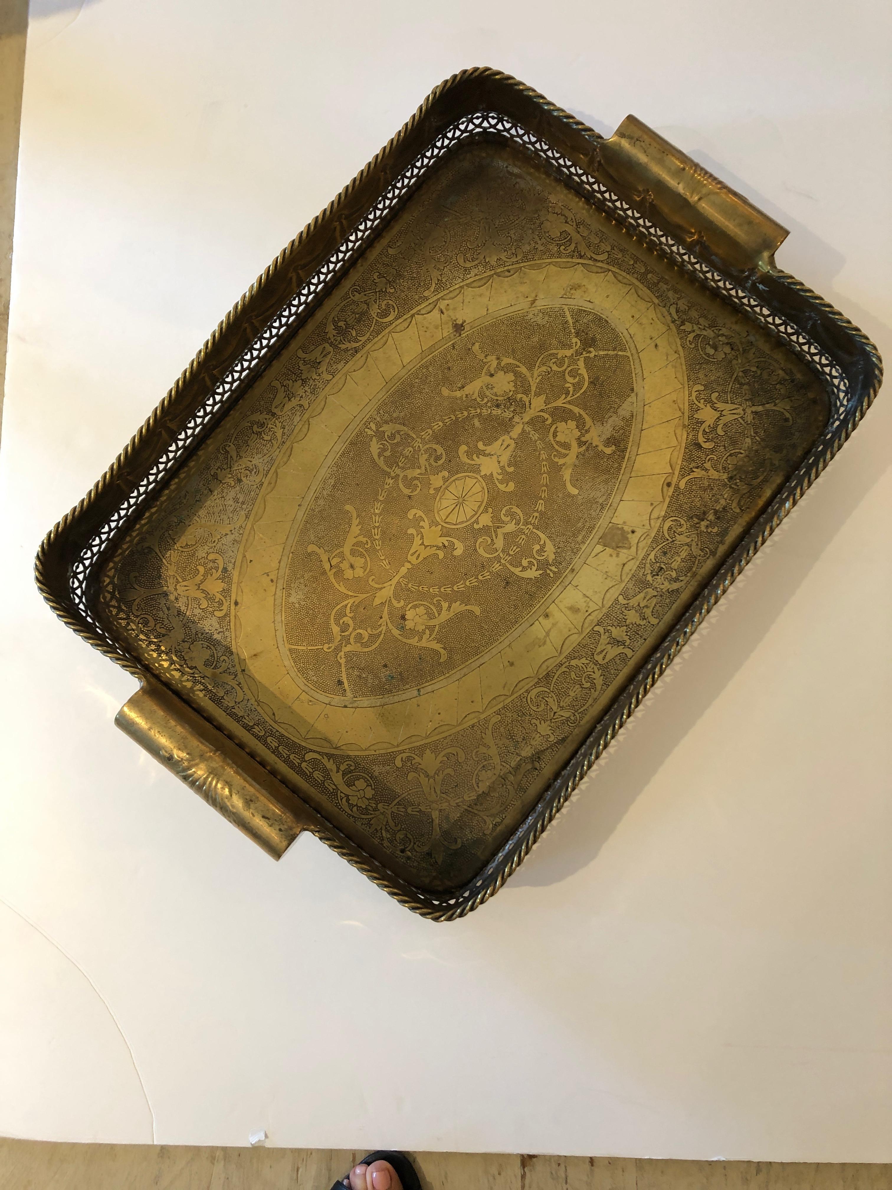 Antique French Etched Brass Serving Tray with Deep Gallery 2