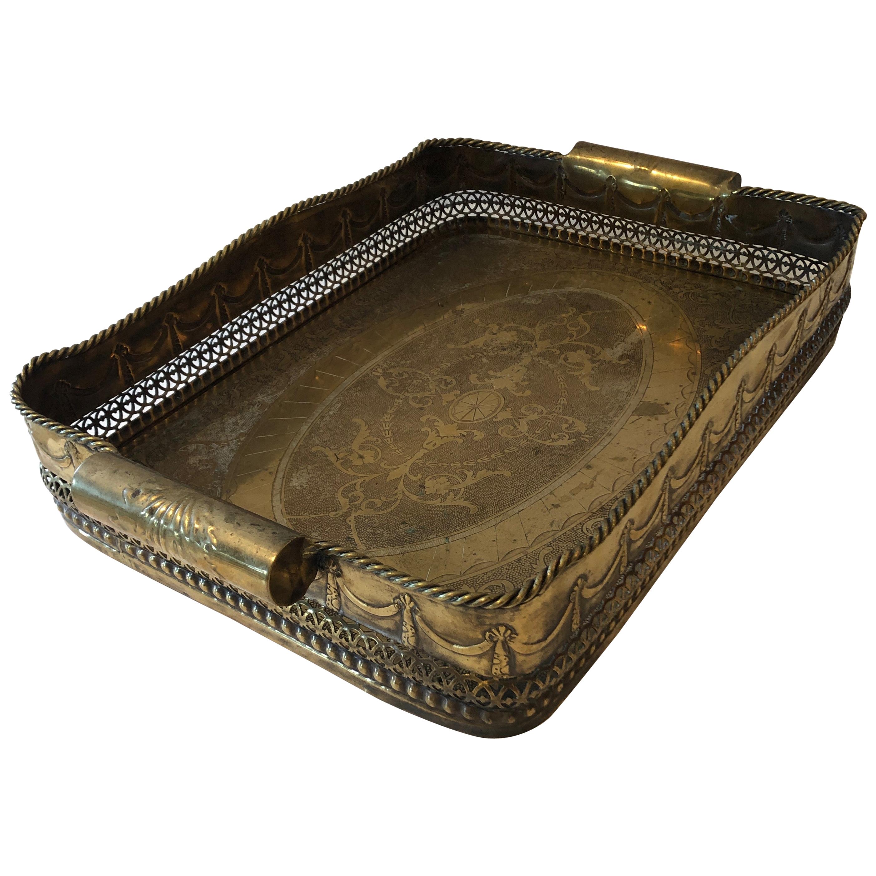 Antique French Etched Brass Serving Tray with Deep Gallery at