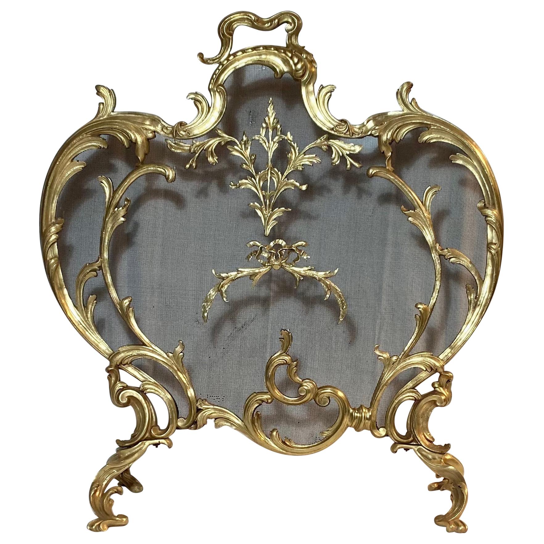 Antique French Exceptional Large Gold Bronze Fire Screen For Sale