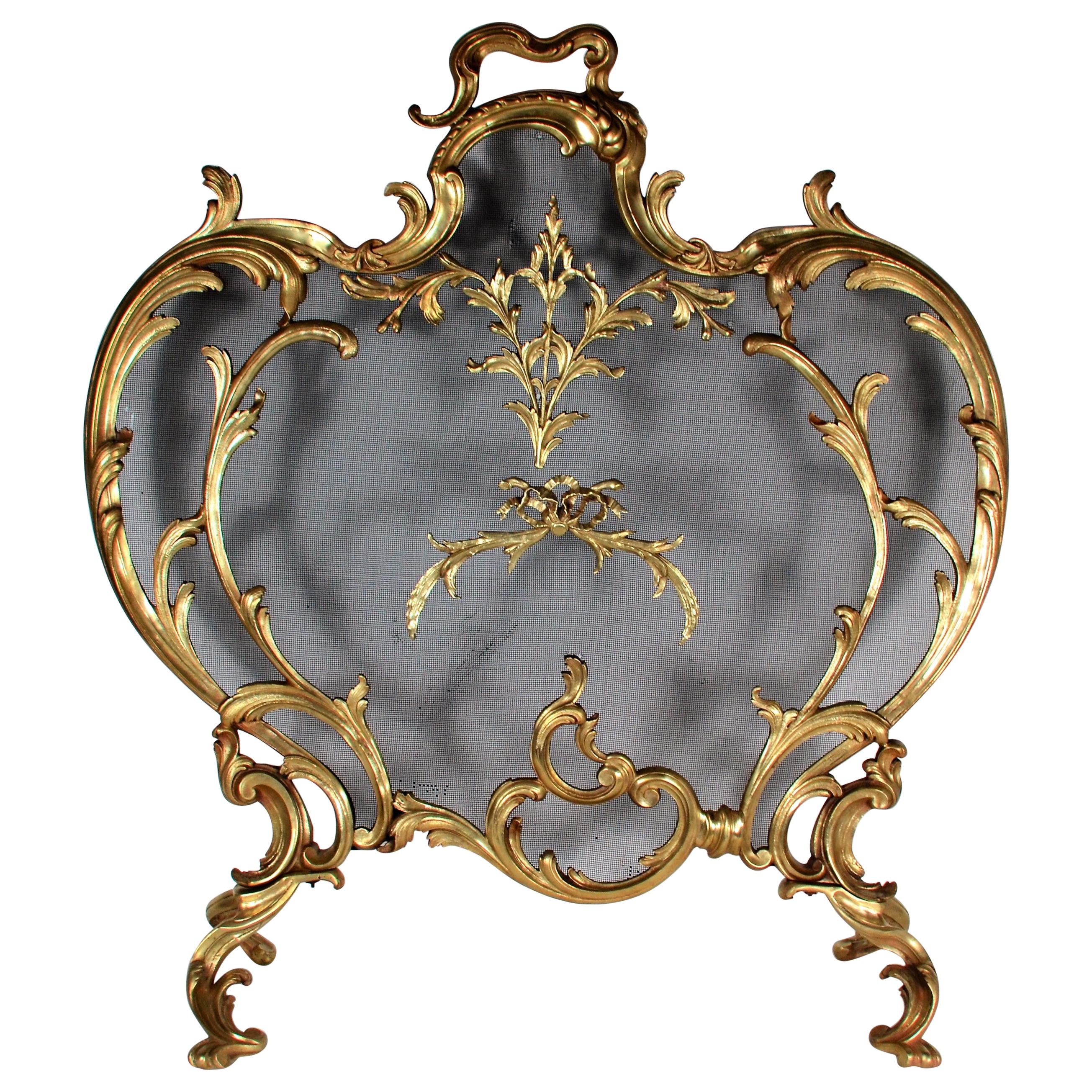 Exceptionnel grand pare-étincelles français ancien en bronze doré