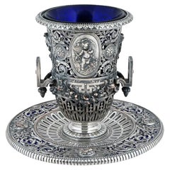 Antique French F Barbedienne Silvered Bronze Vase with Cobalt Blue Glass.