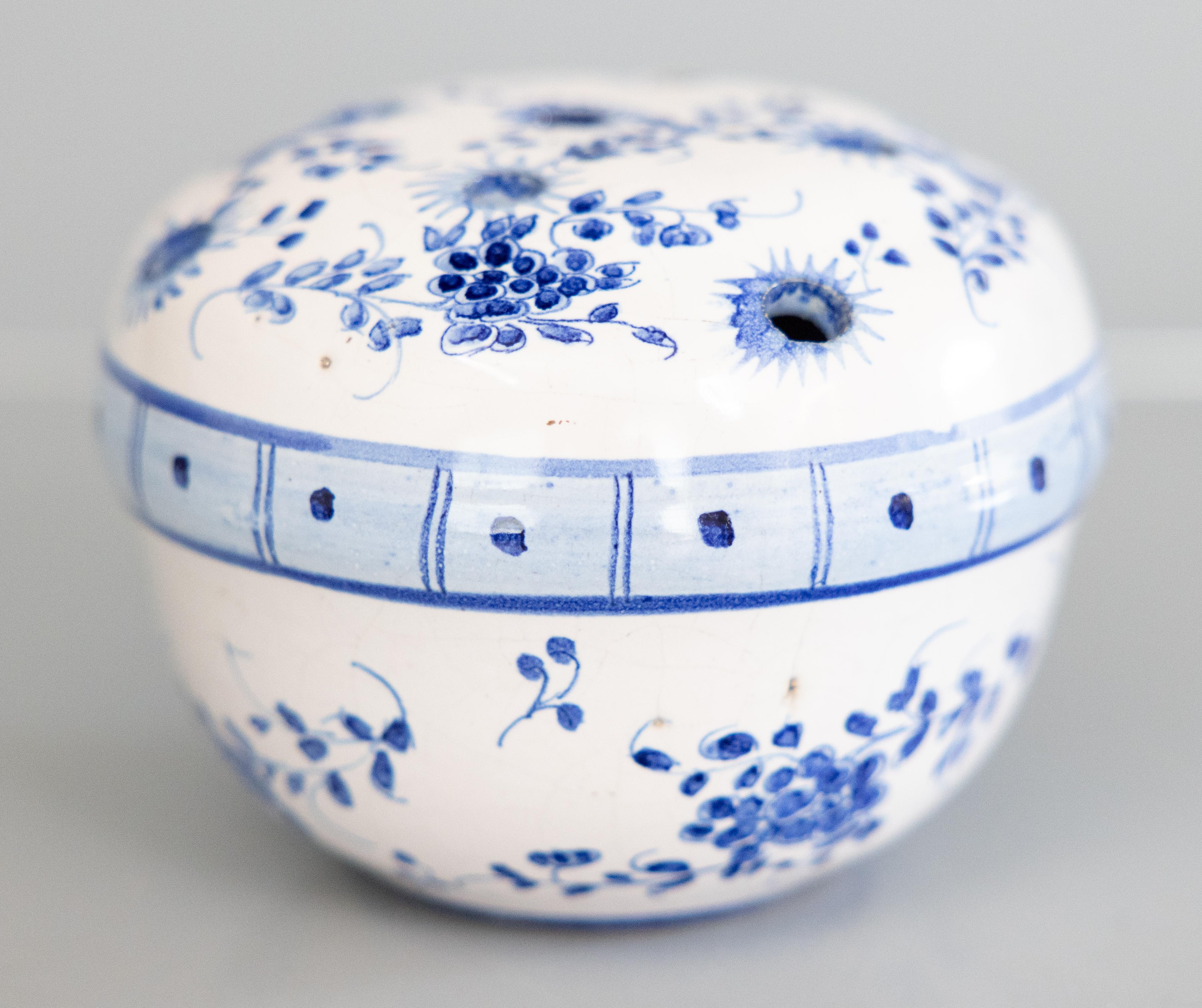 Country Antique French Faience Blue & White Floral Flower Frog Vase, circa 1900 For Sale