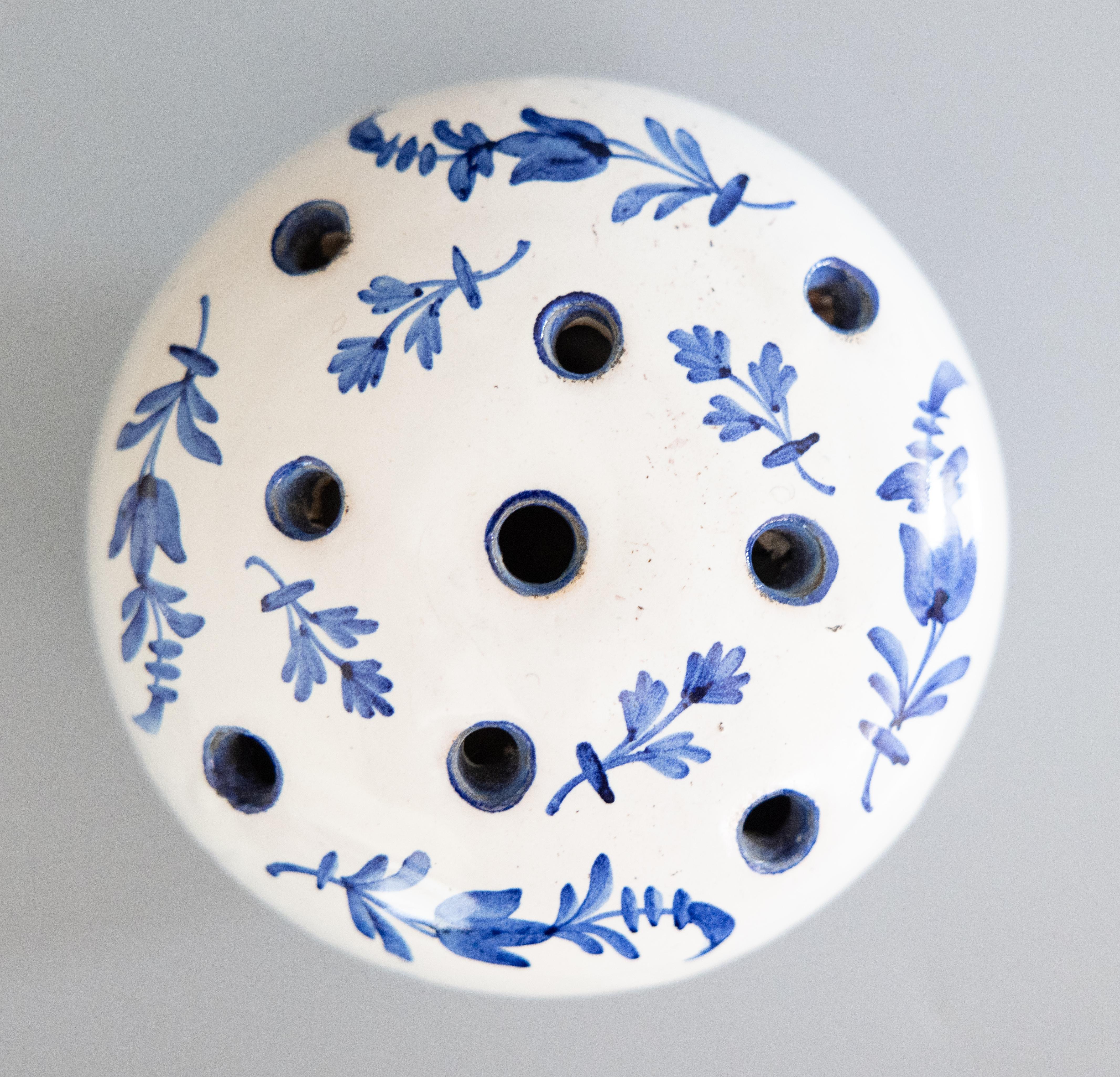 Hand-Painted Antique French Faience Blue & White Floral Flower Frog Vase, circa 1900 For Sale