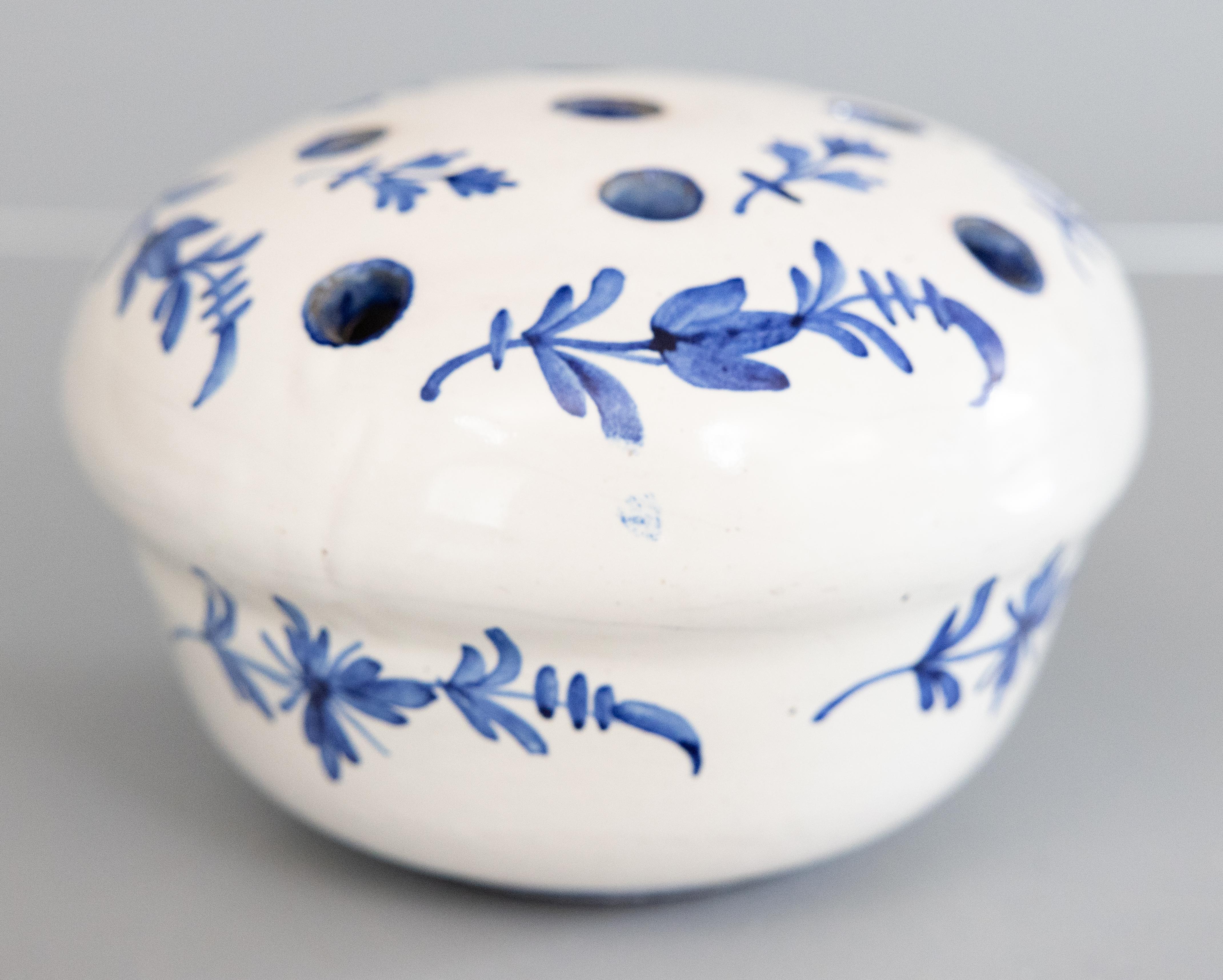 Country Antique French Faience Blue & White Floral Flower Frog Vase, circa 1900 For Sale