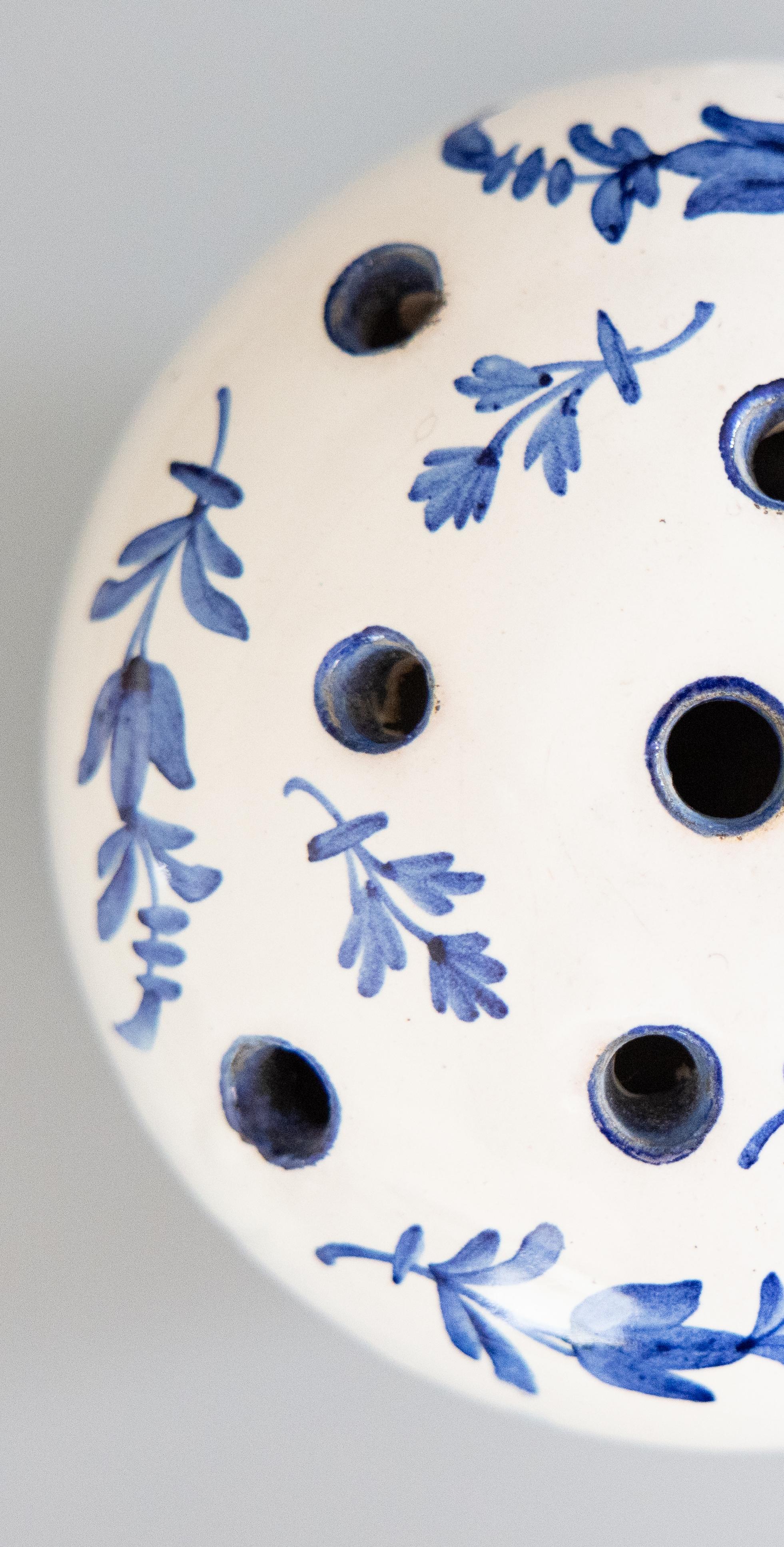 Antique French Faience Blue & White Floral Flower Frog Vase, circa 1900 In Good Condition For Sale In Pearland, TX