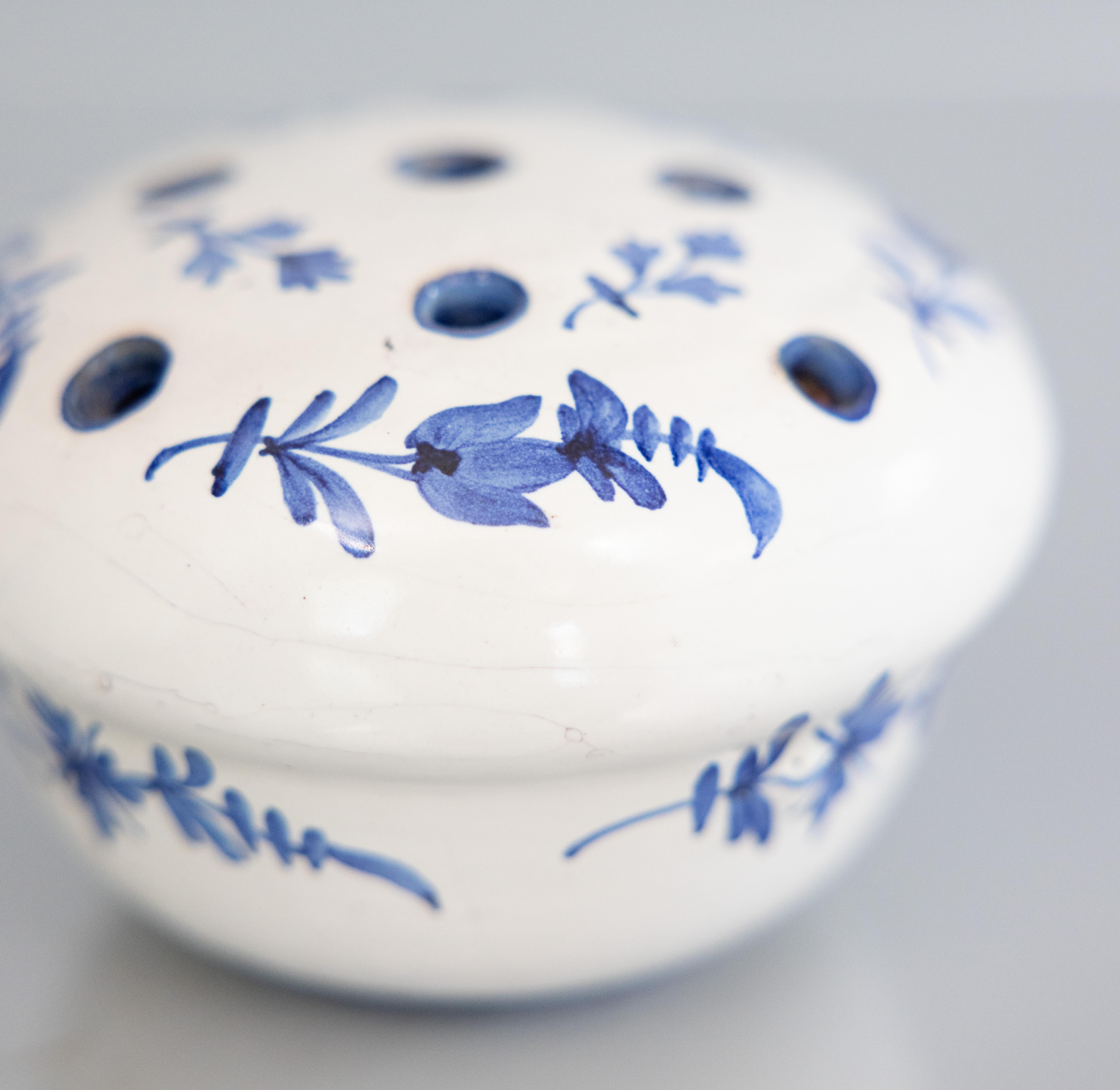 Early 20th Century Antique French Faience Blue & White Floral Flower Frog Vase, circa 1900 For Sale