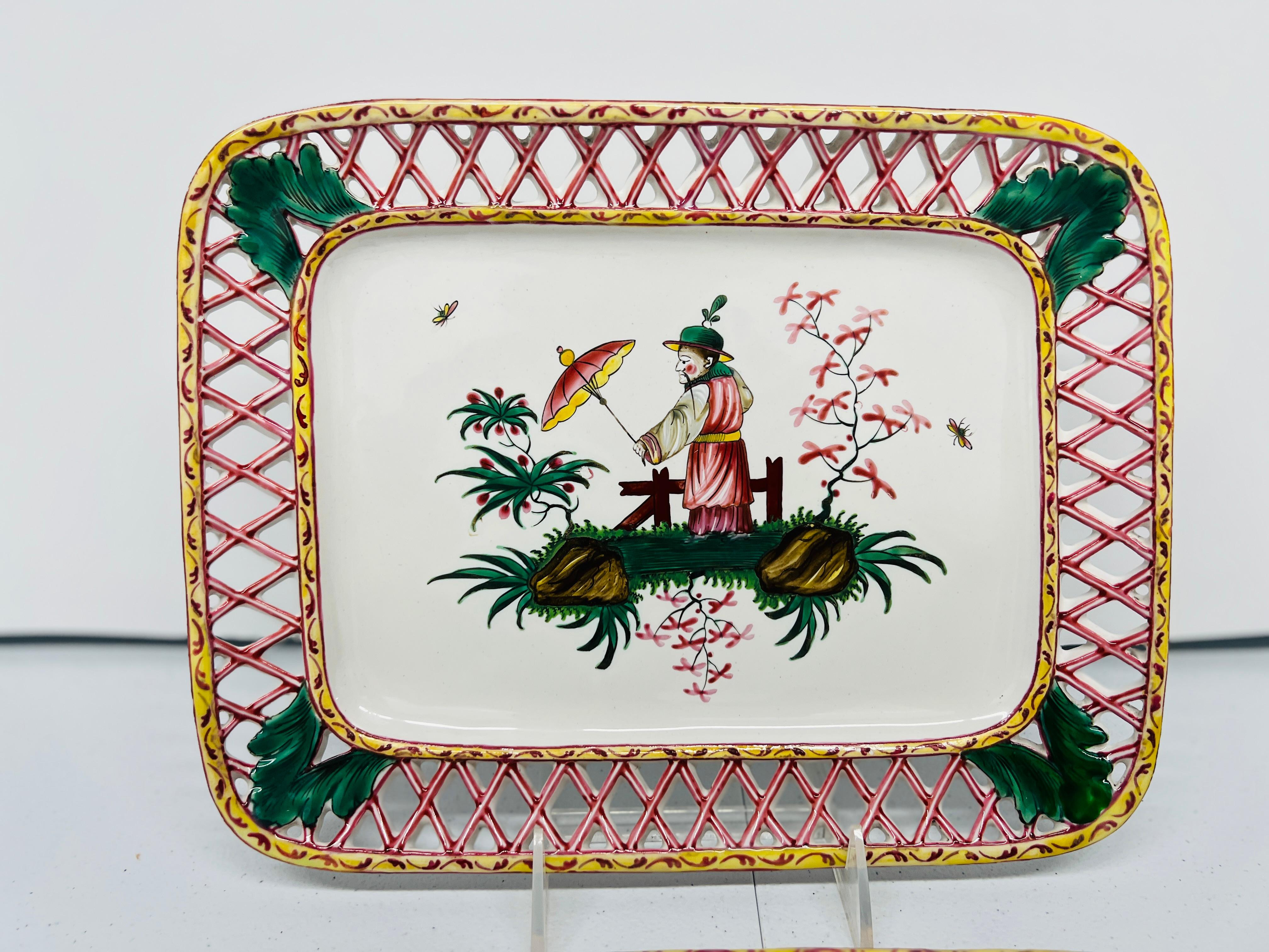 Antique French Faience Chinoiserie Decorated Pierced Platters C.1880 Exportación china en venta