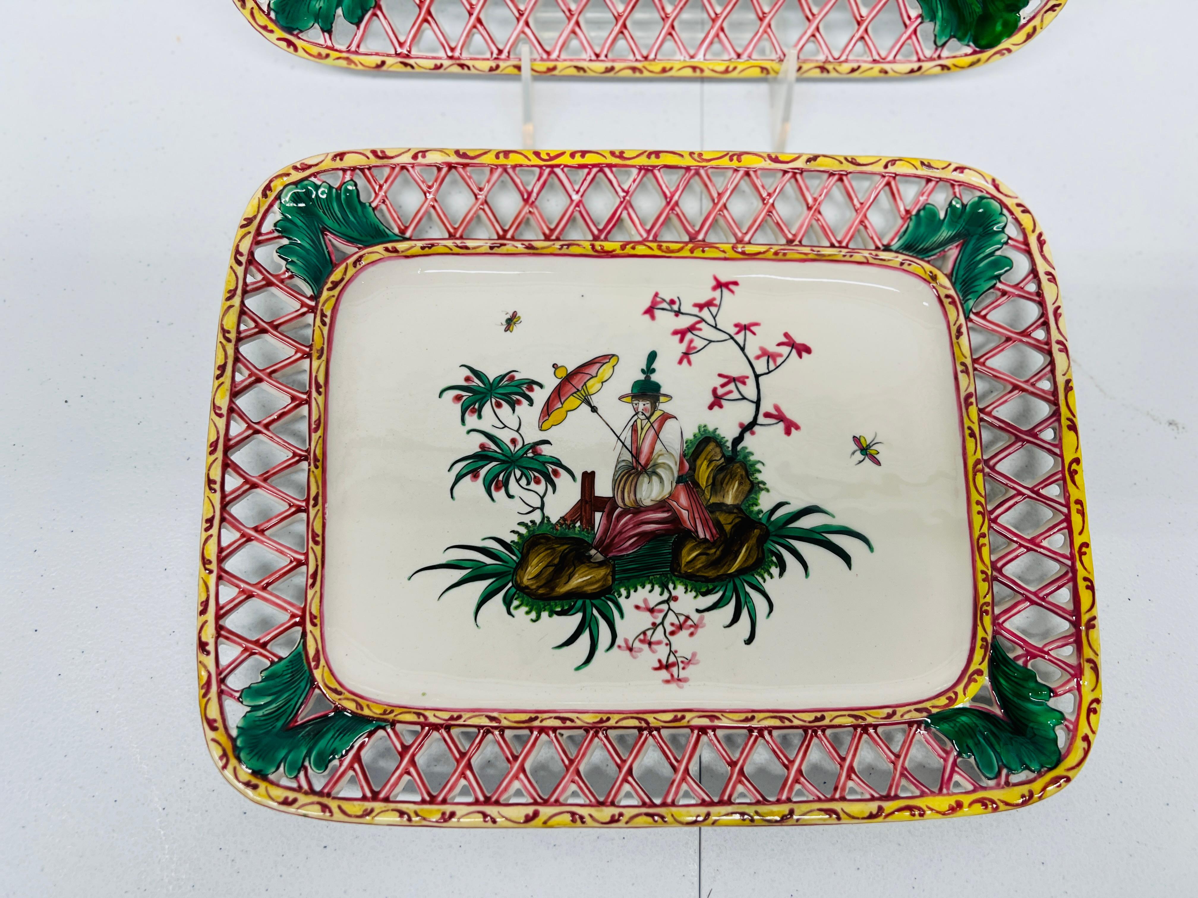 Antique French Faience Chinoiserie Decorated Pierced Platters C.1880 Francés en venta