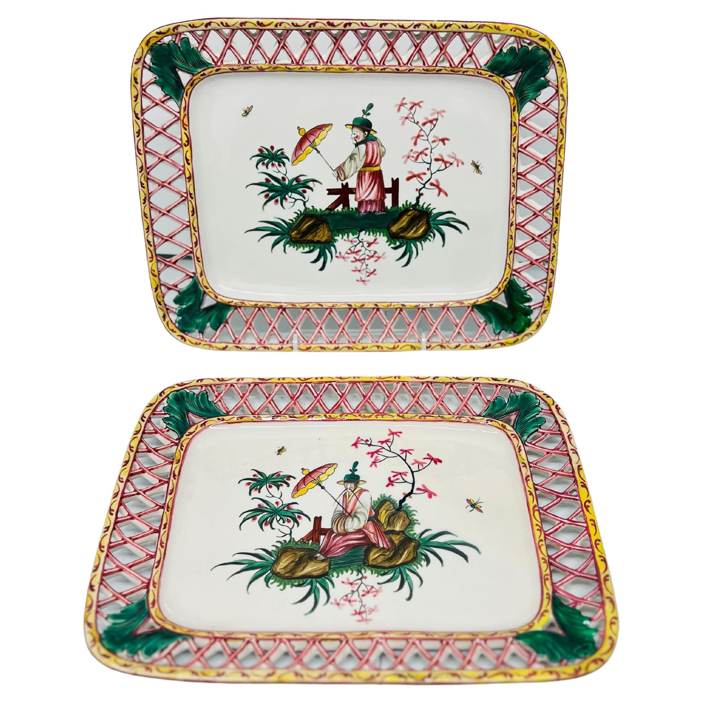 Antique French Faience Chinoiserie Decorated Pierced Platters C.1880 en venta