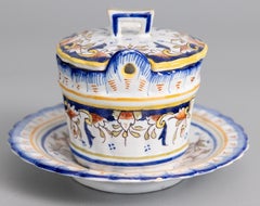 Antique French Faience Desvres Lidded Butter Bowl Dish, circa 1900