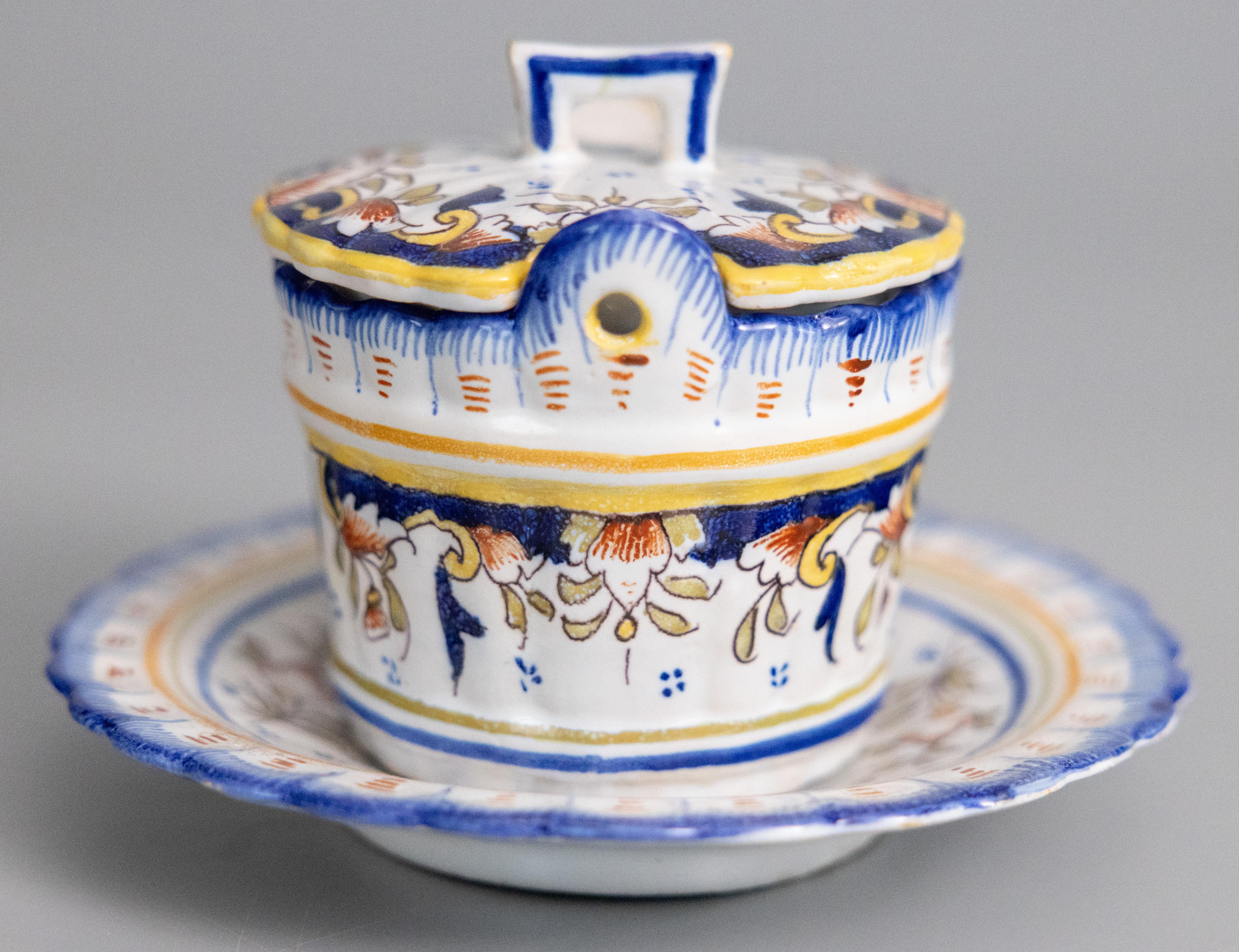 Early 20th Century Antique French Faience Desvres Lidded Butter Bowl Dish, circa 1900 For Sale