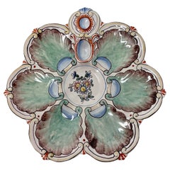 Antique French Faience Hand-Painted Multi-Color Porcelain Oyster Plate, Ca. 1890