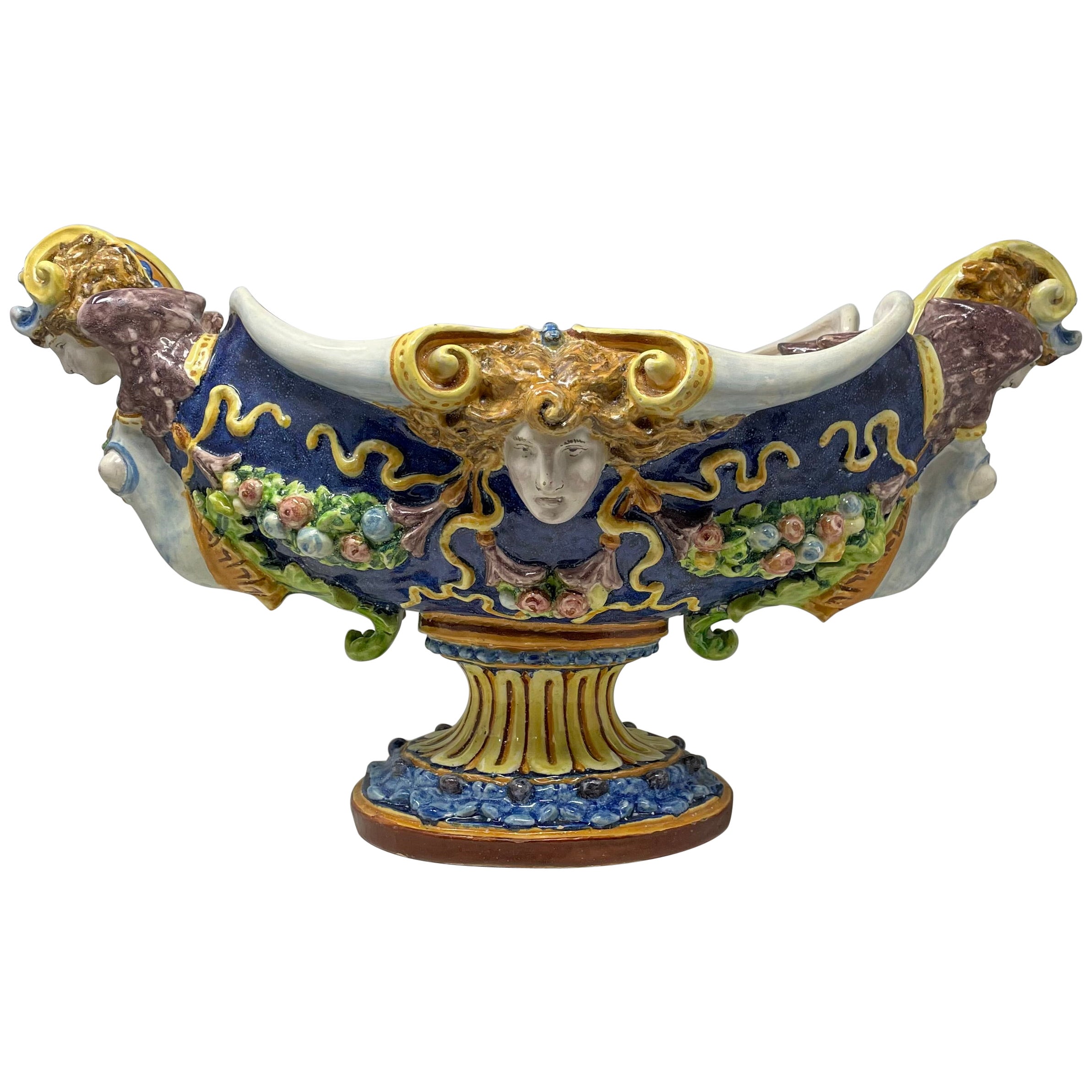 Antique French Faience in porcellana dipinta a mano, centrotavola Jardiniere, circa 1880