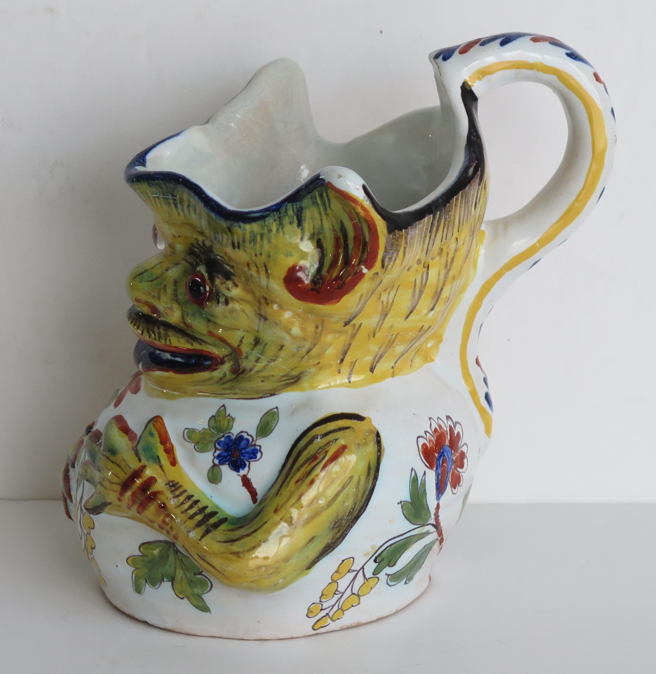 French Provincial Antique French Faience Handpainted Grotesque Jug, Ca 1850