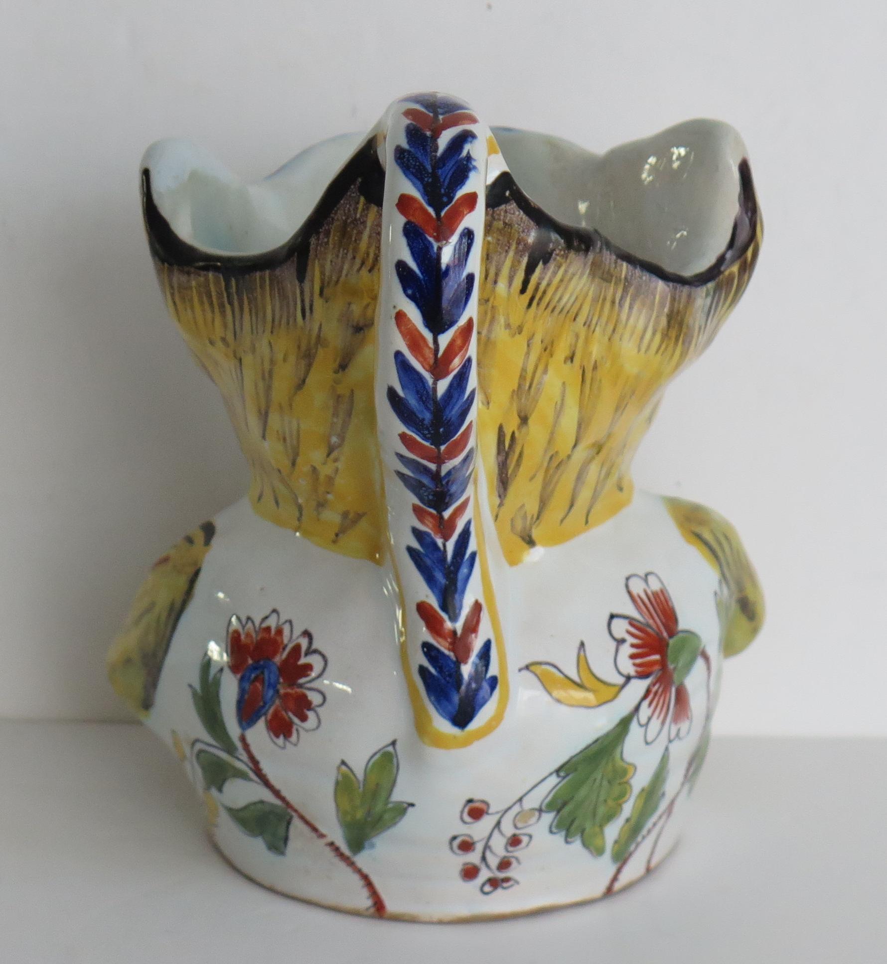 Hand-Painted Antique French Faience Handpainted Grotesque Jug, Ca 1850