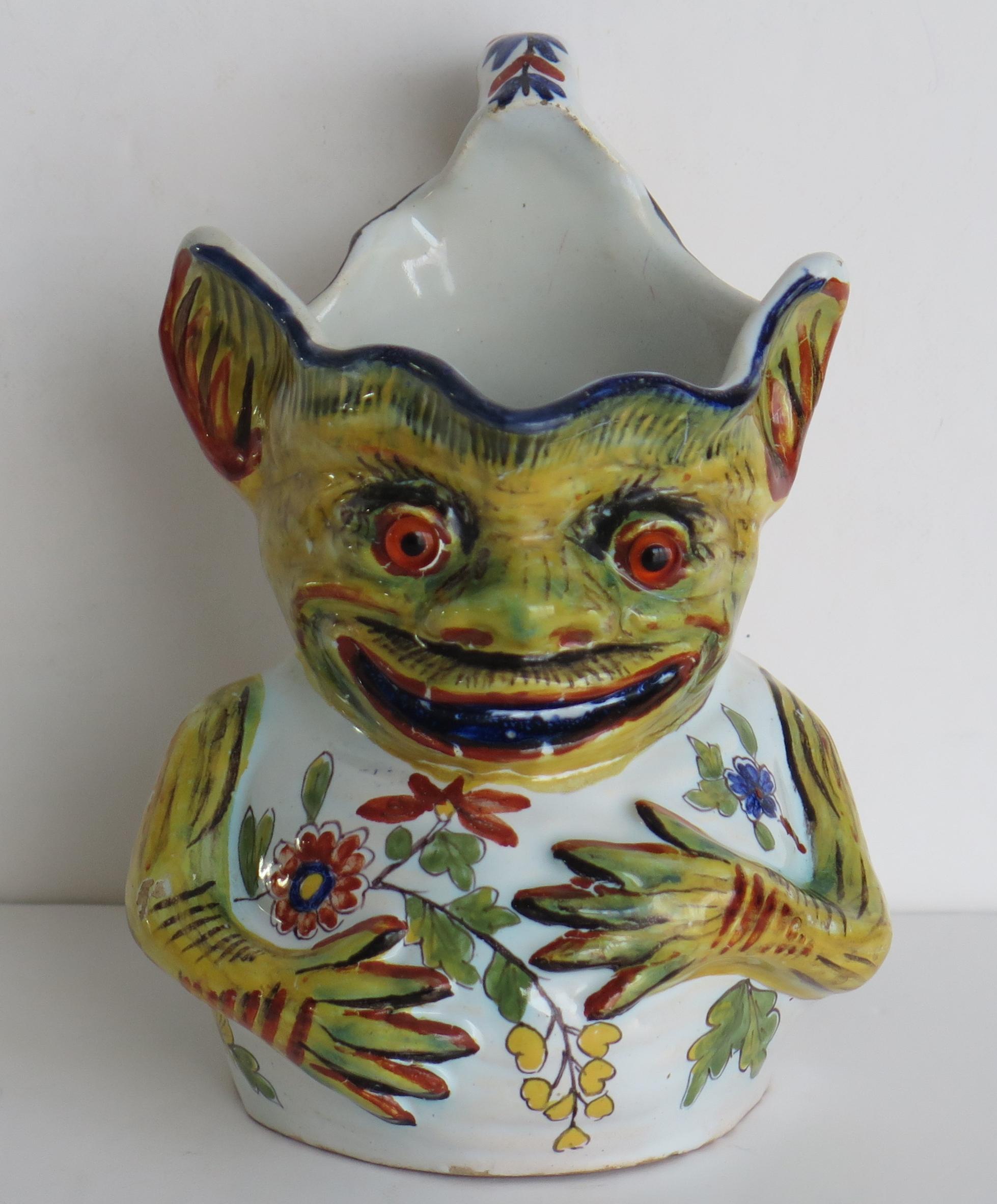 19th Century Antique French Faience Handpainted Grotesque Jug, Ca 1850