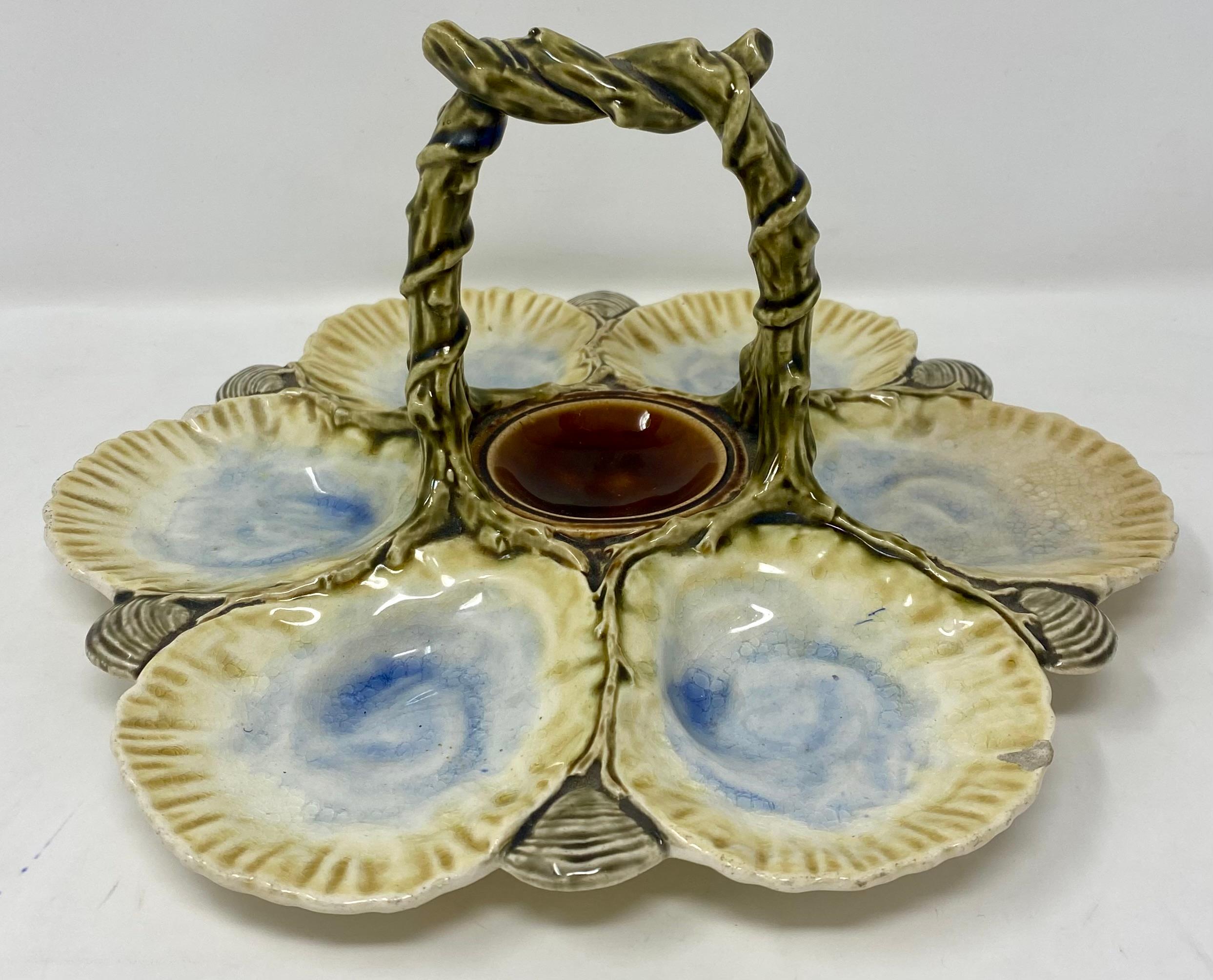 Rare antique French Faience hand-painted Majolica Porcelain handled oyster server, Signed 