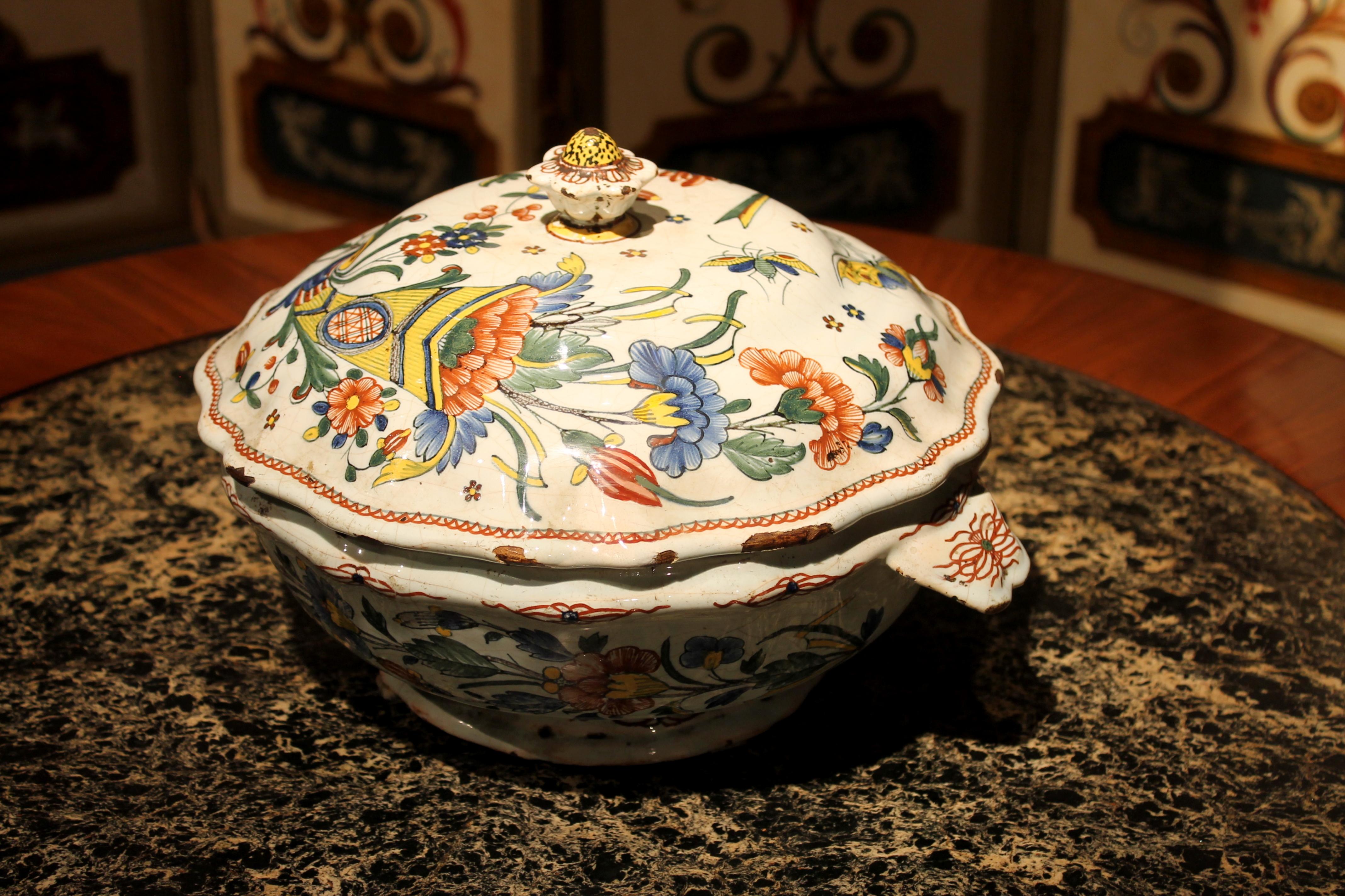 Rococo Antique French Faience Lidded Bowl Tureen Hand Painted with Flowers and Insects For Sale