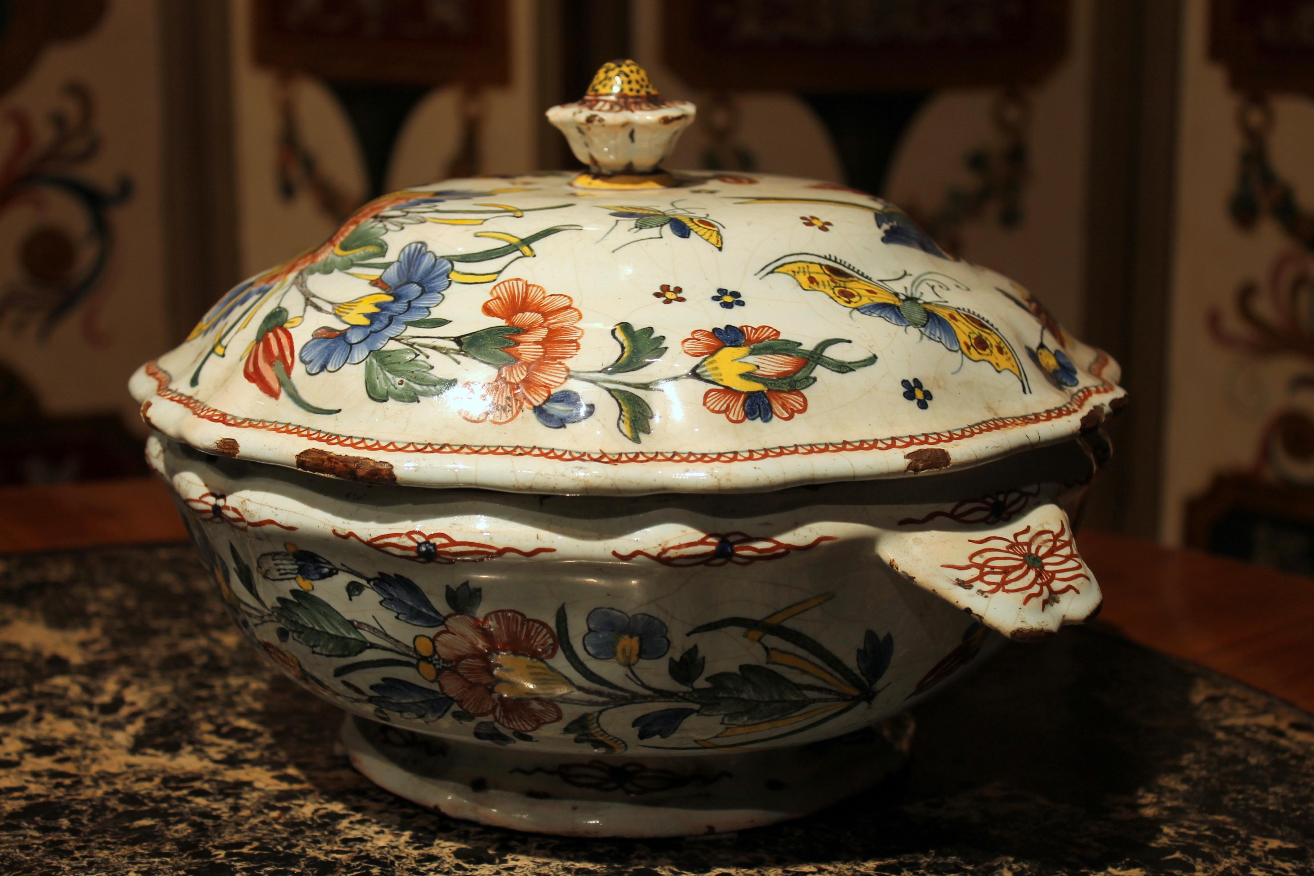 Hand-Painted Antique French Faience Lidded Bowl Tureen Hand Painted with Flowers and Insects For Sale