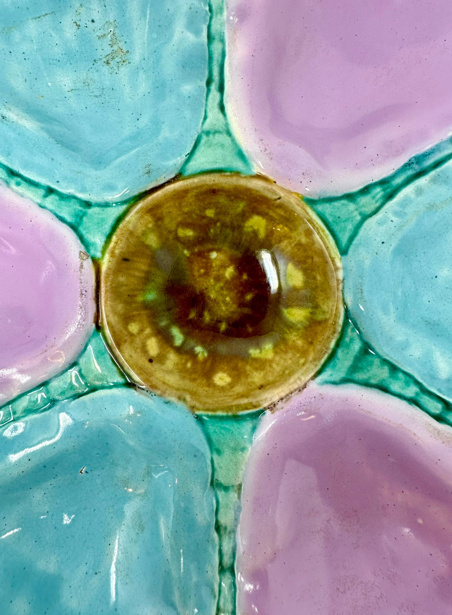Antique French Faience Pink, Blue & Green Porcelain Oyster Plate, Circa 1890's. In Good Condition In New Orleans, LA