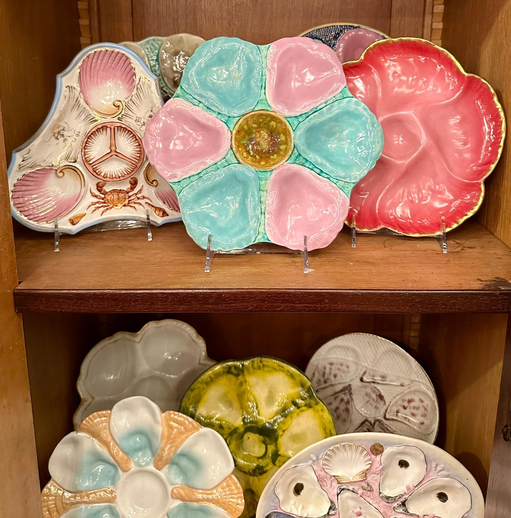 Antique French Faience Pink, Blue & Green Porcelain Oyster Plate, Circa 1890's. 1