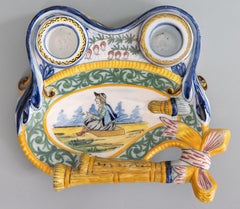 Antique French Faience Quimper Inkwell Pen Tray, circa 1900