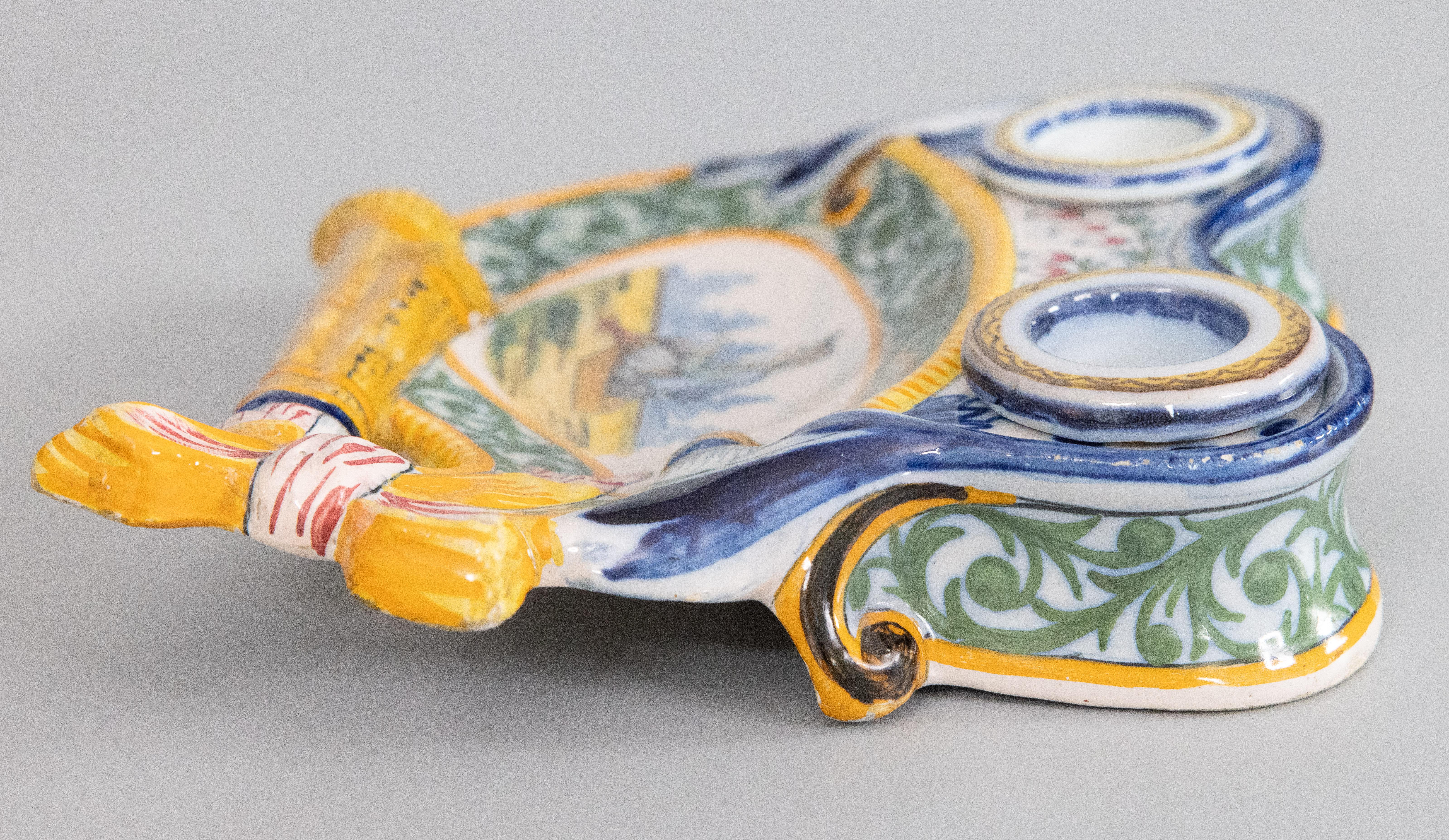Early 20th Century Antique French Faience Quimper Inkwell Pen Tray, circa 1900 For Sale