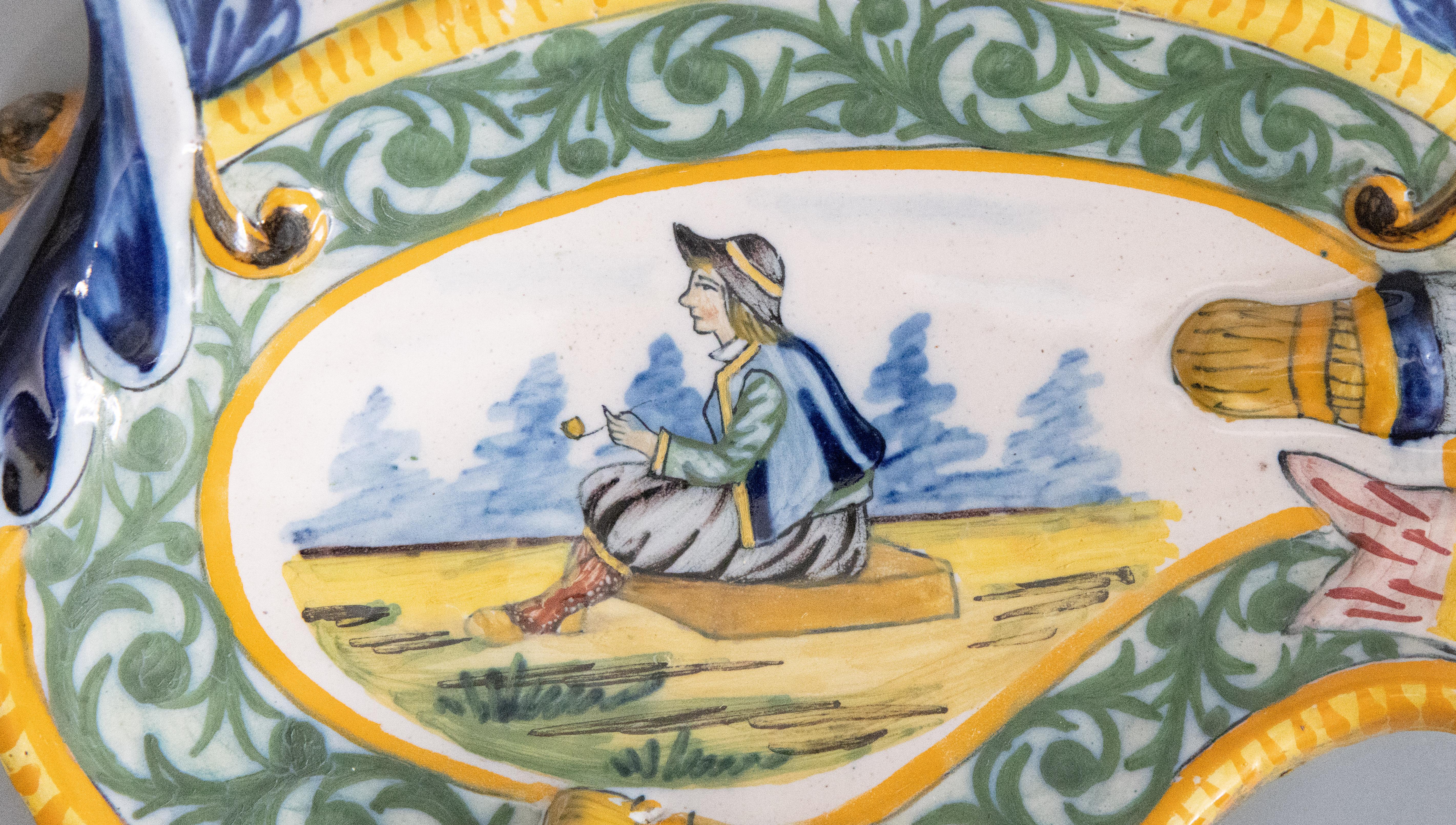 Antique French Faience Quimper Inkwell Pen Tray, circa 1900 For Sale 2